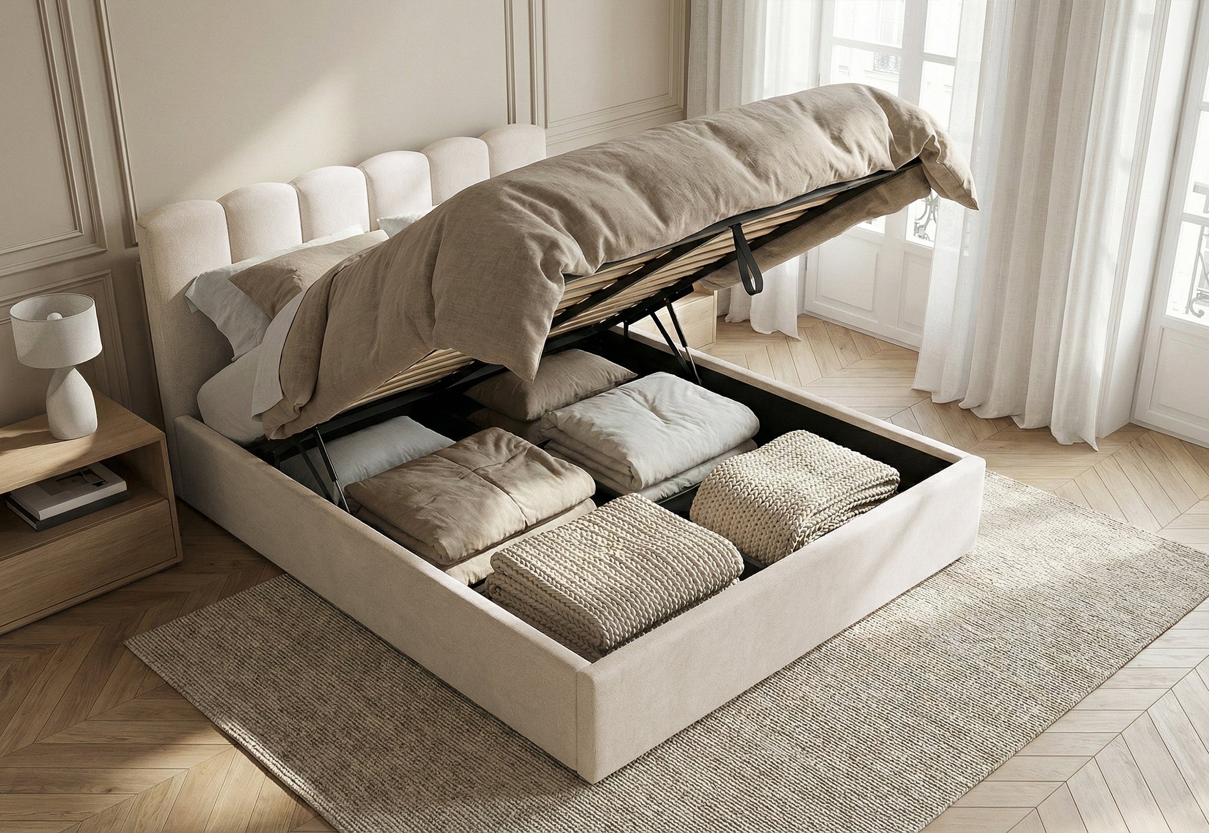 Pat Tapițat PRINCESS, cu somieră rabatabilă și ladă de depozitare, #color_Bej-Mystery