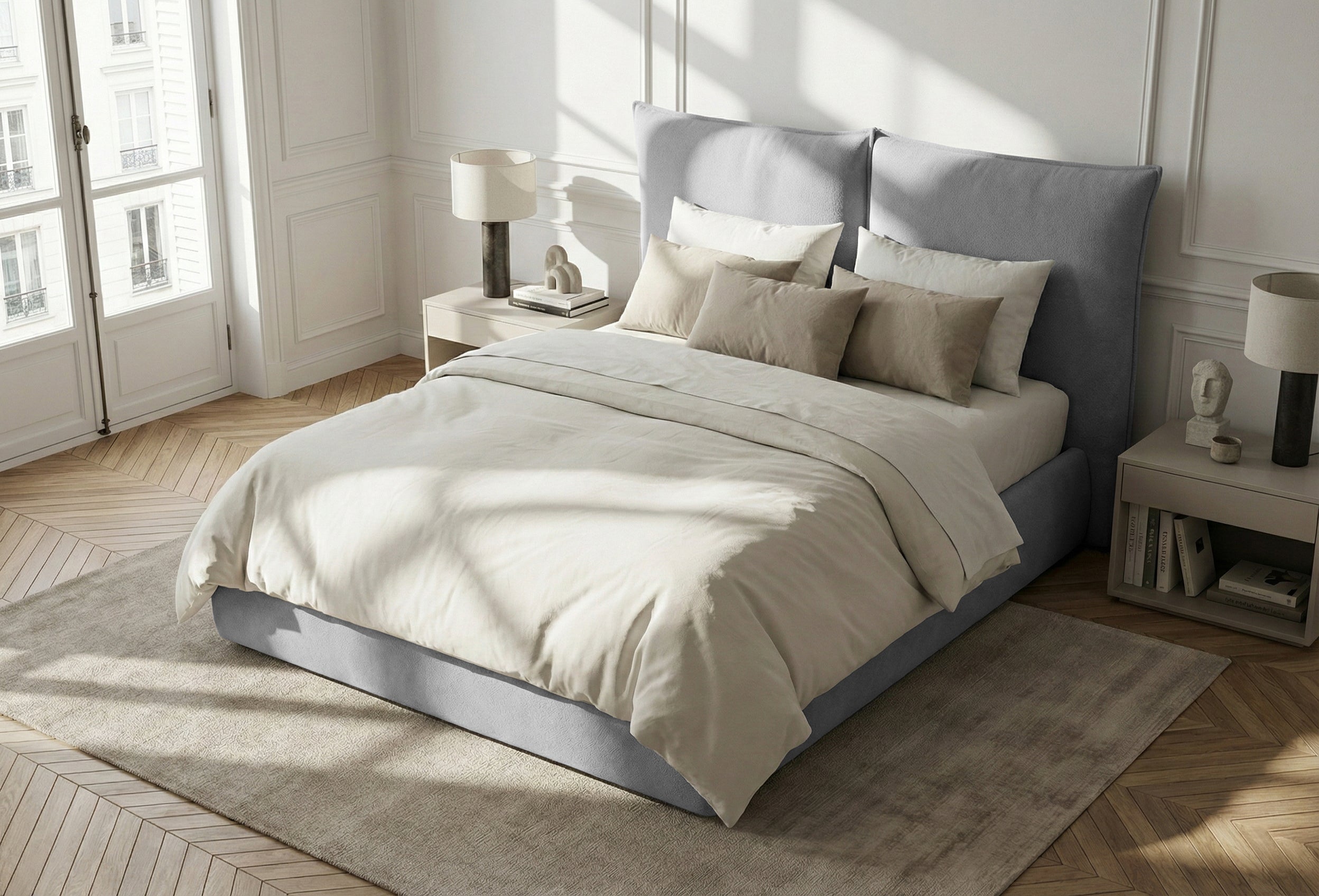 Pat Tapițat Rossi, cu somieră fixă și tăblie înaltă, gri deschis, #color_Gri-Deschis-Loft