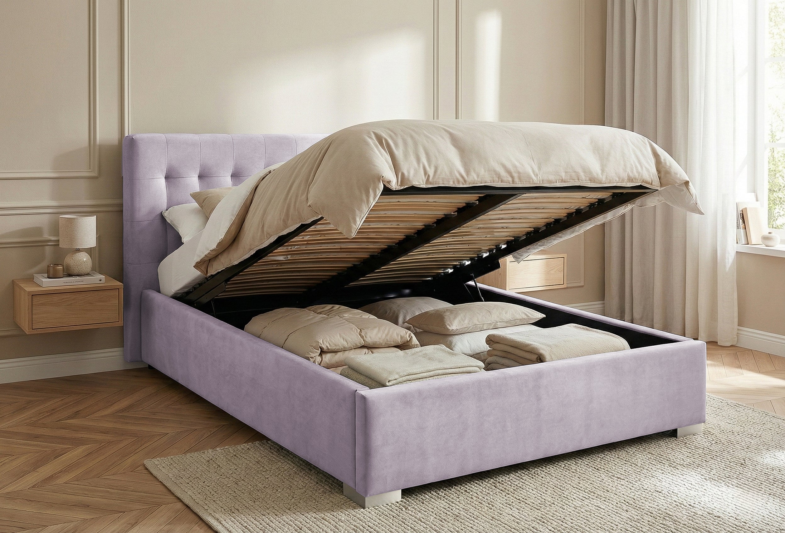 Pat Tapițat Strasbourg, cu somieră rabatabilă și ladă de depozitare, Prestigehome.ro, Prestige, #Color_swing-violet
