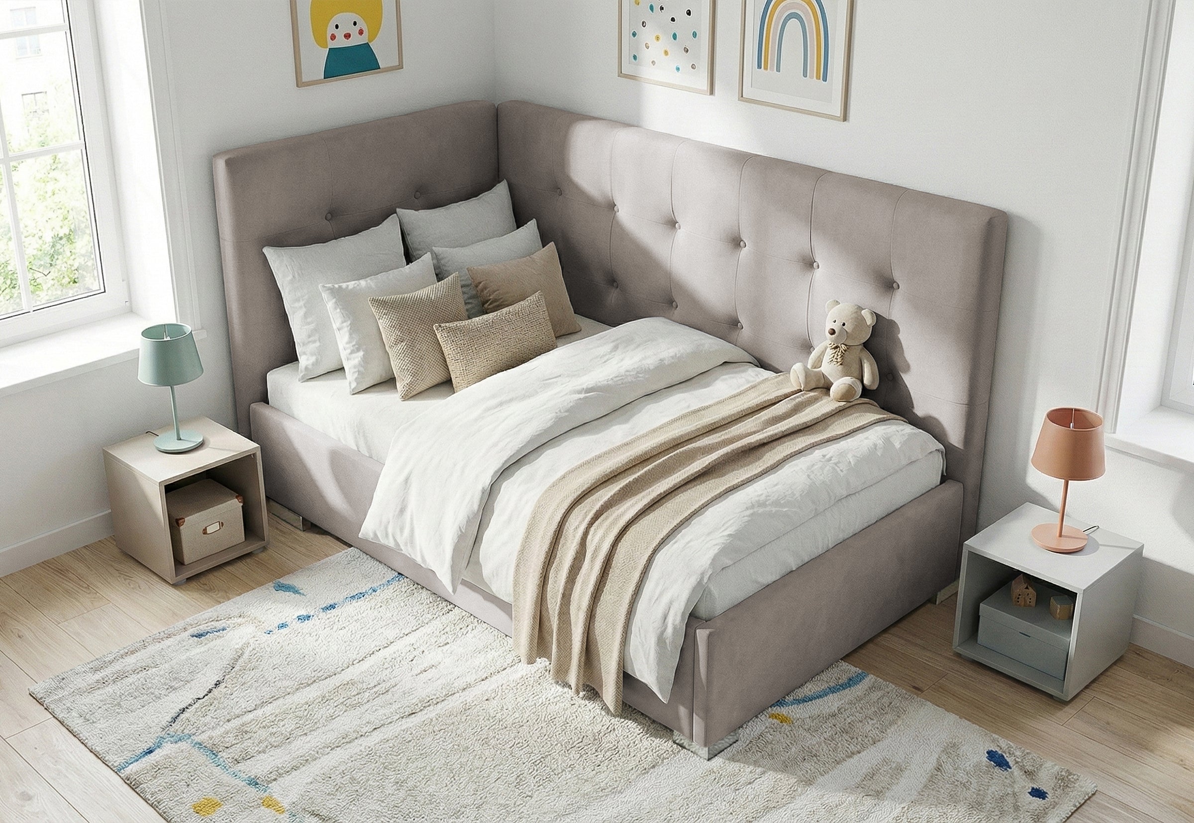 Pat Tapițat Lille de colț, cu somieră rabatabilă și ladă depozitare, #color_Swing-Bej