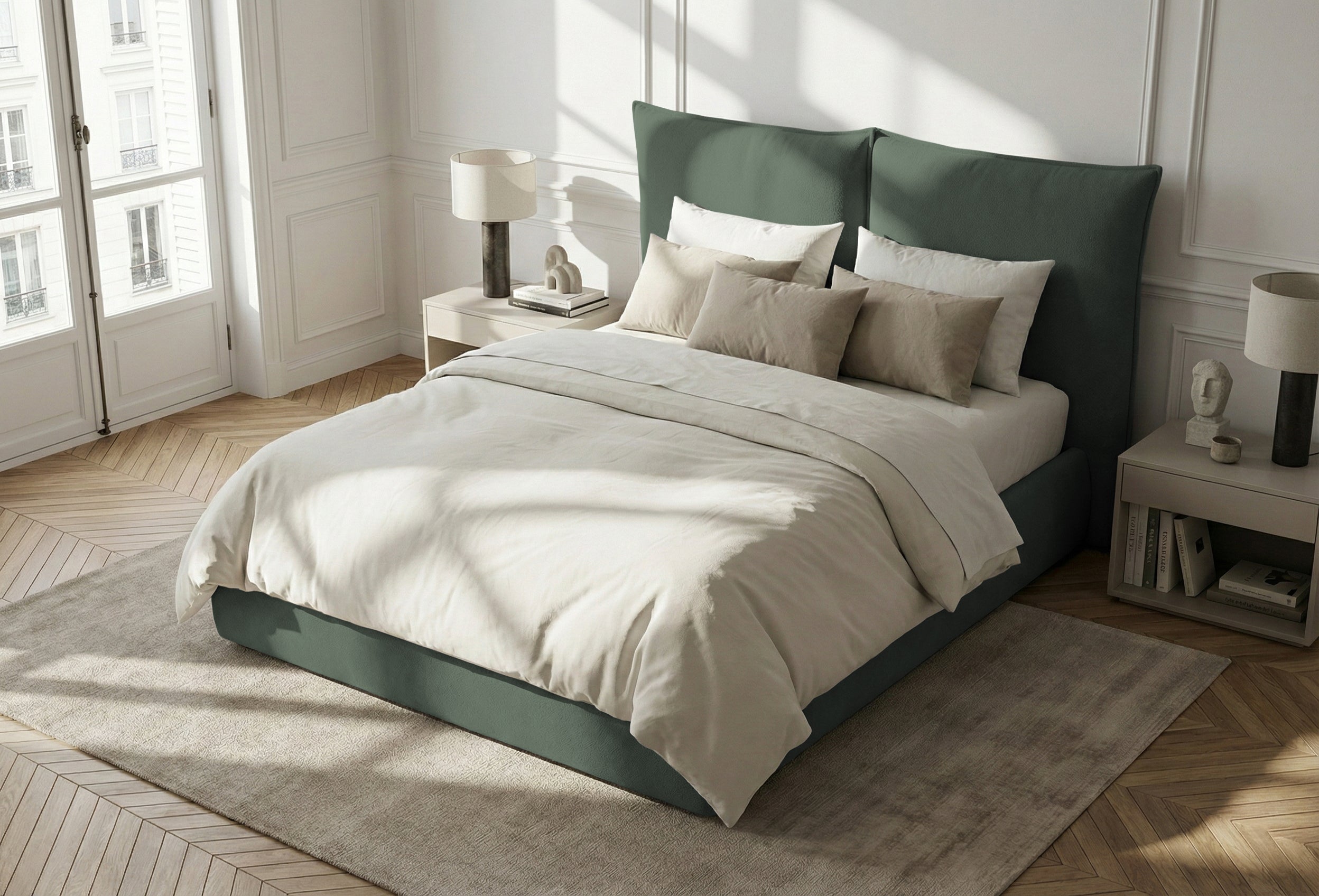 Pat Tapițat Rossi, cu somieră fixă și tăblie înaltă, verde inchis, #color_Verde-Inchis-Loft