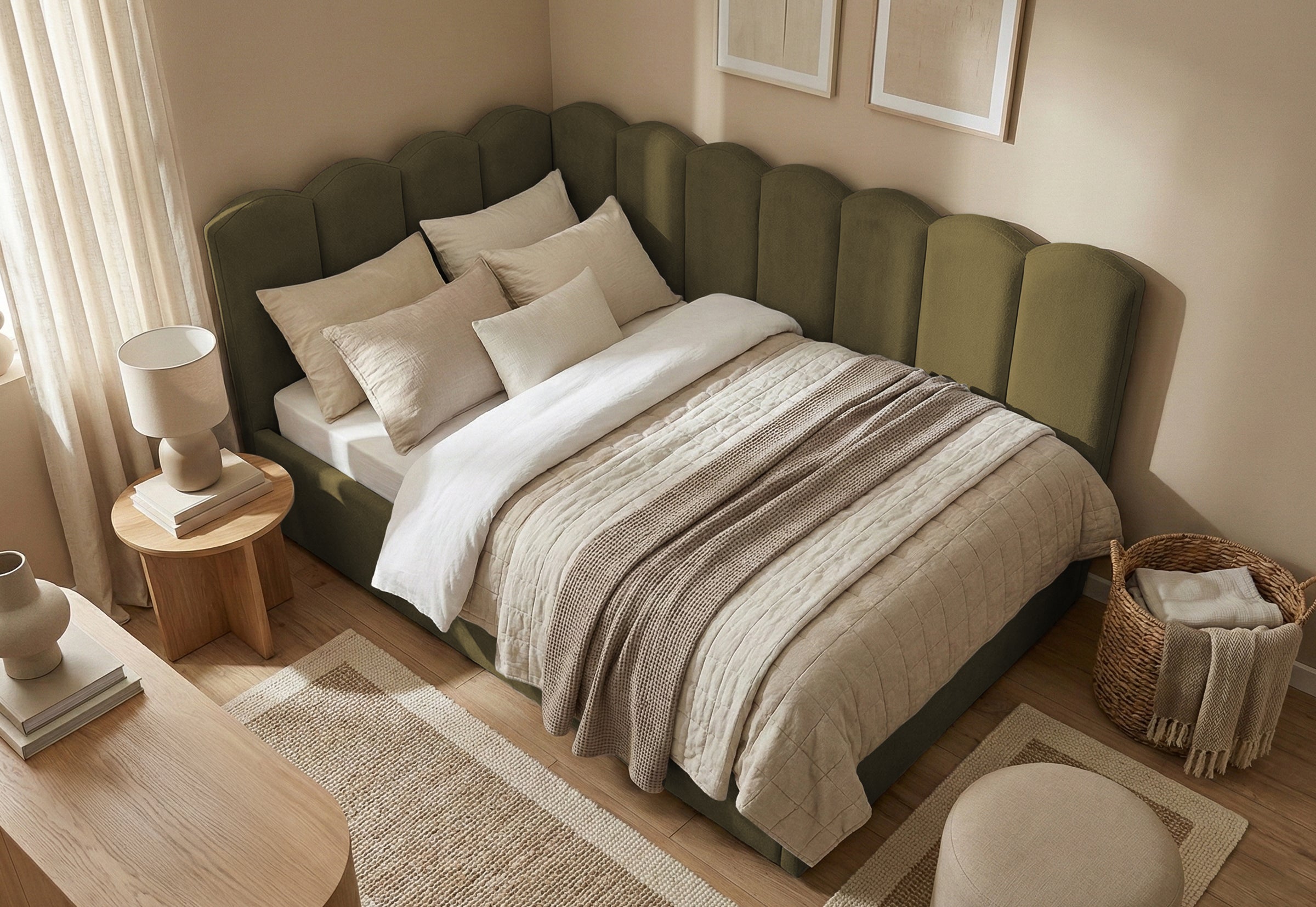 Pat Tapițat Princess de colț, cu somieră rabatabilă și ladă depozitare, #color_Verde-Olive-Mystery