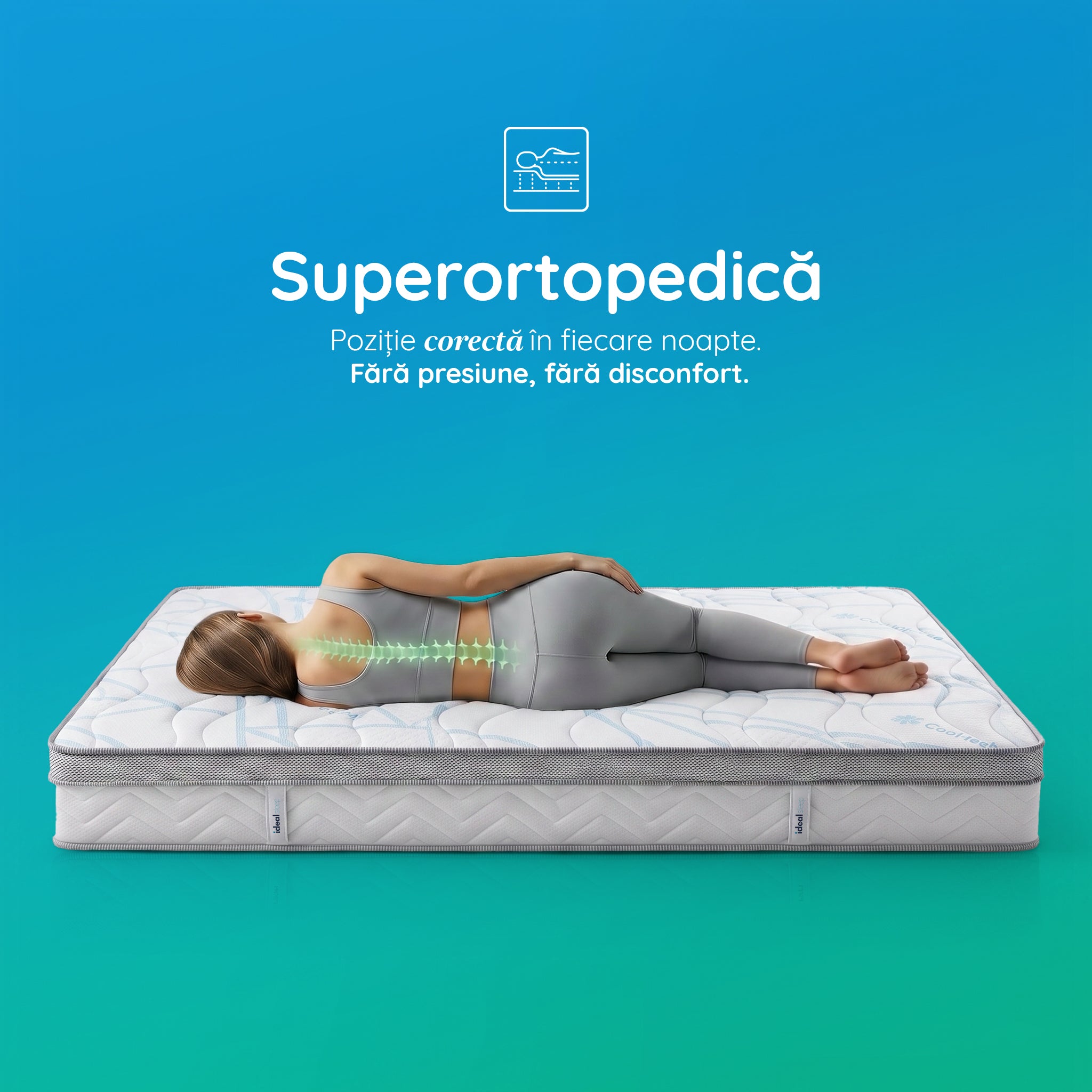 Saltea Ideal Sleep COOLTECH ALOE VERA, Arcuri Bonell, spumă poliuretanică pe multiple straturi, husă CoolTech, superortopedică, Grosime 24 cm