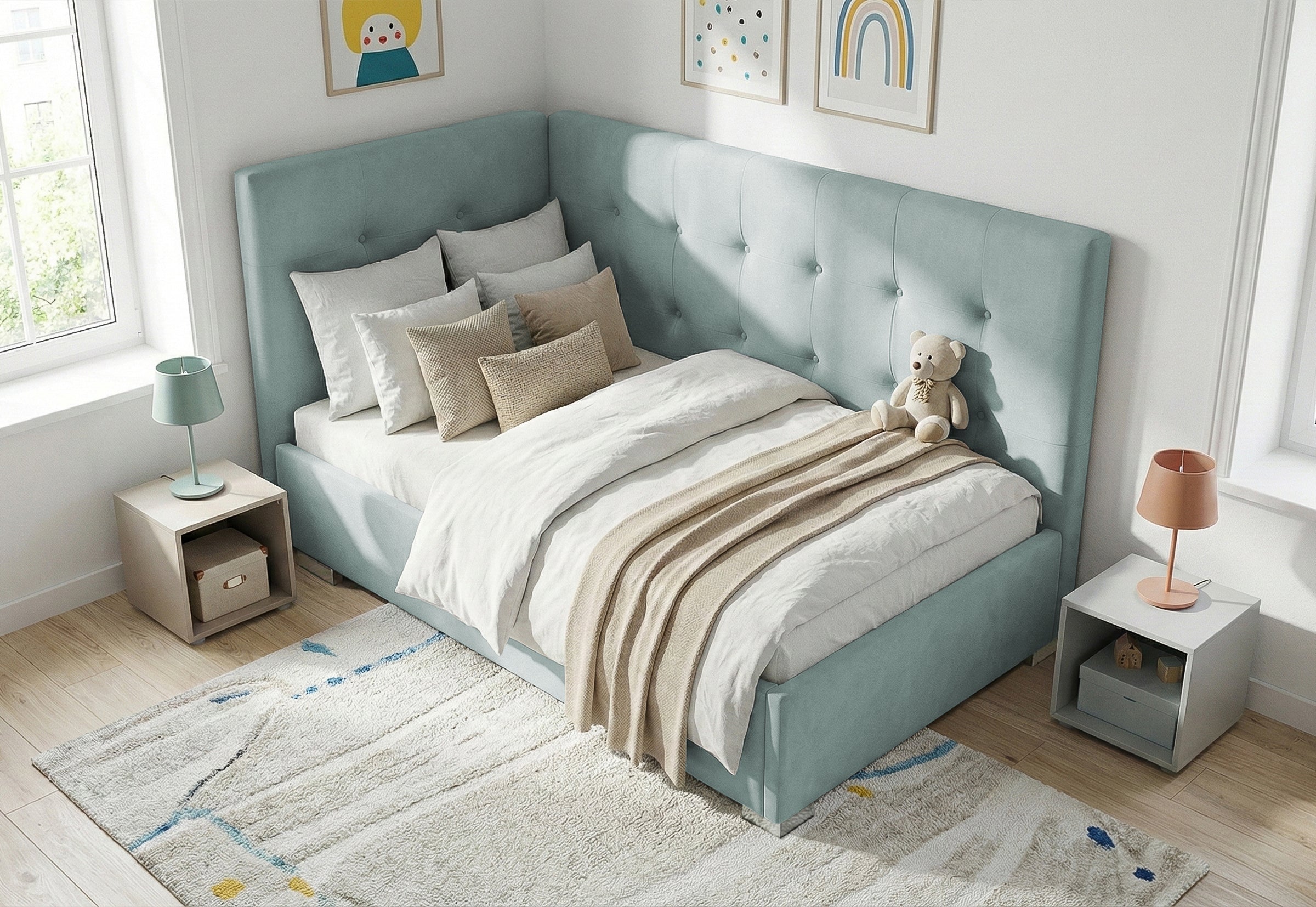 Pat Tapițat Lille de colț, cu somieră rabatabilă și ladă depozitare, #color_Swing-Menta