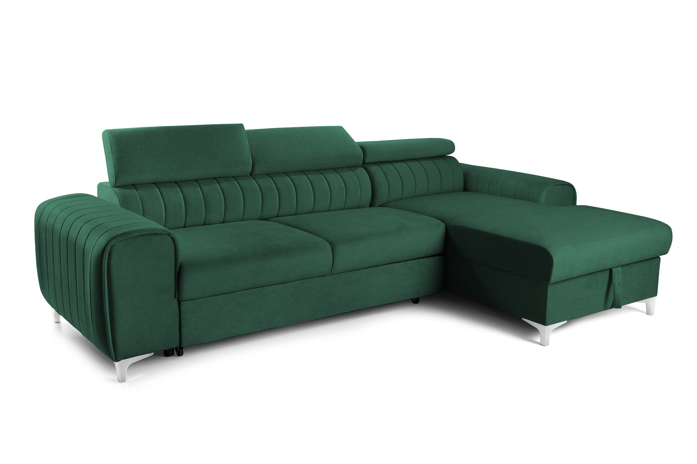 Colțar Extensibil LOFT, cu lada depozitare, tetiere reglabile, 295x170x95 cm, #color_Verde-Padure-Velluto