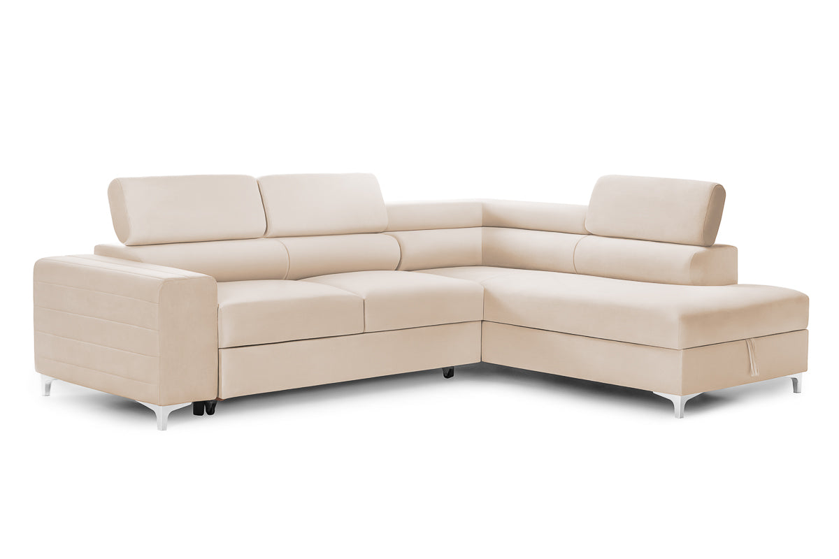 Colțar Extensibil TIME, cu lada depozitare, tetiere reglabile, 285x220x95 cm, #color_Bej-Velluto