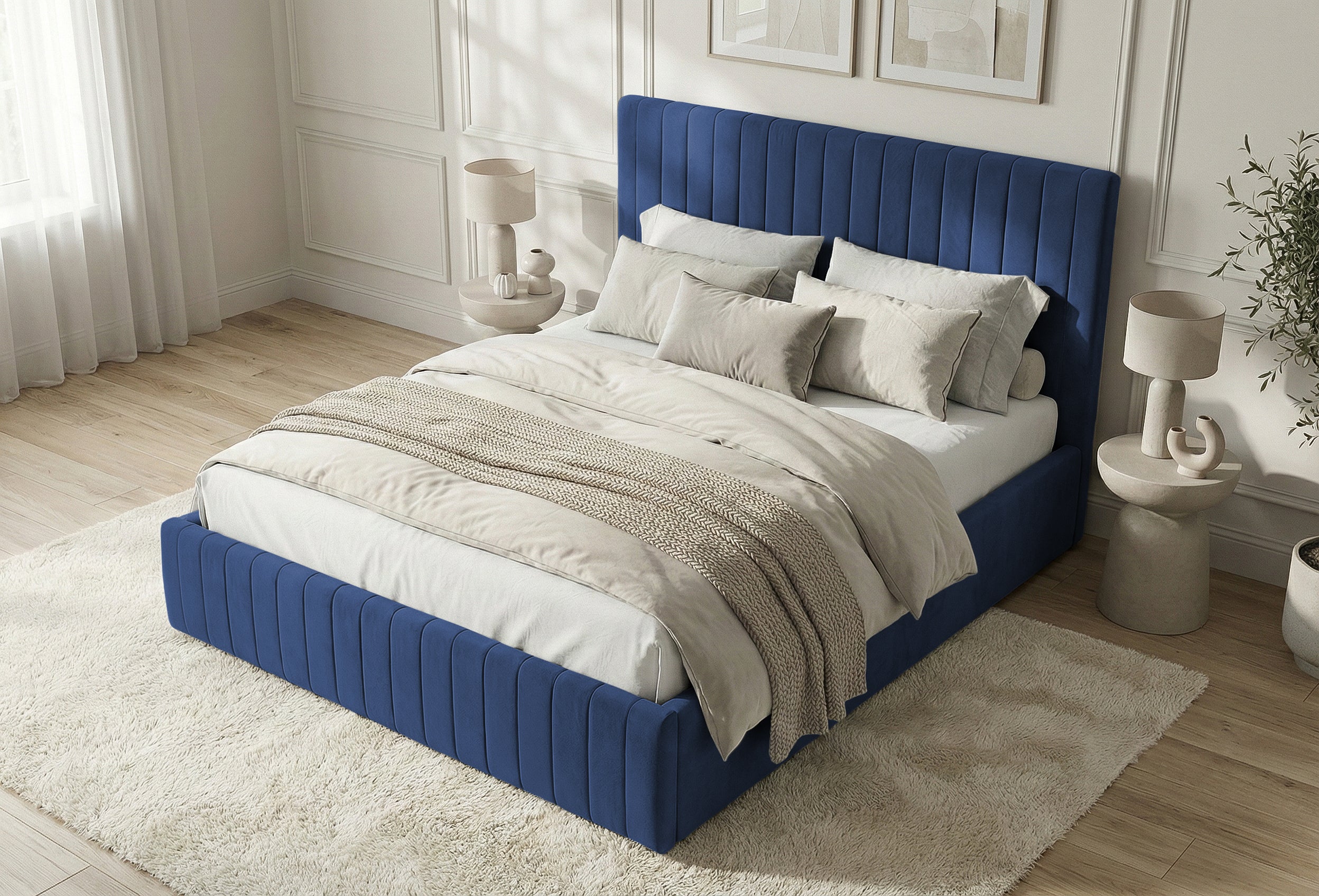 Pat Tapițat Sara, cu somieră rabatabilă și ladă depozitare #color_Albastru-Velluto