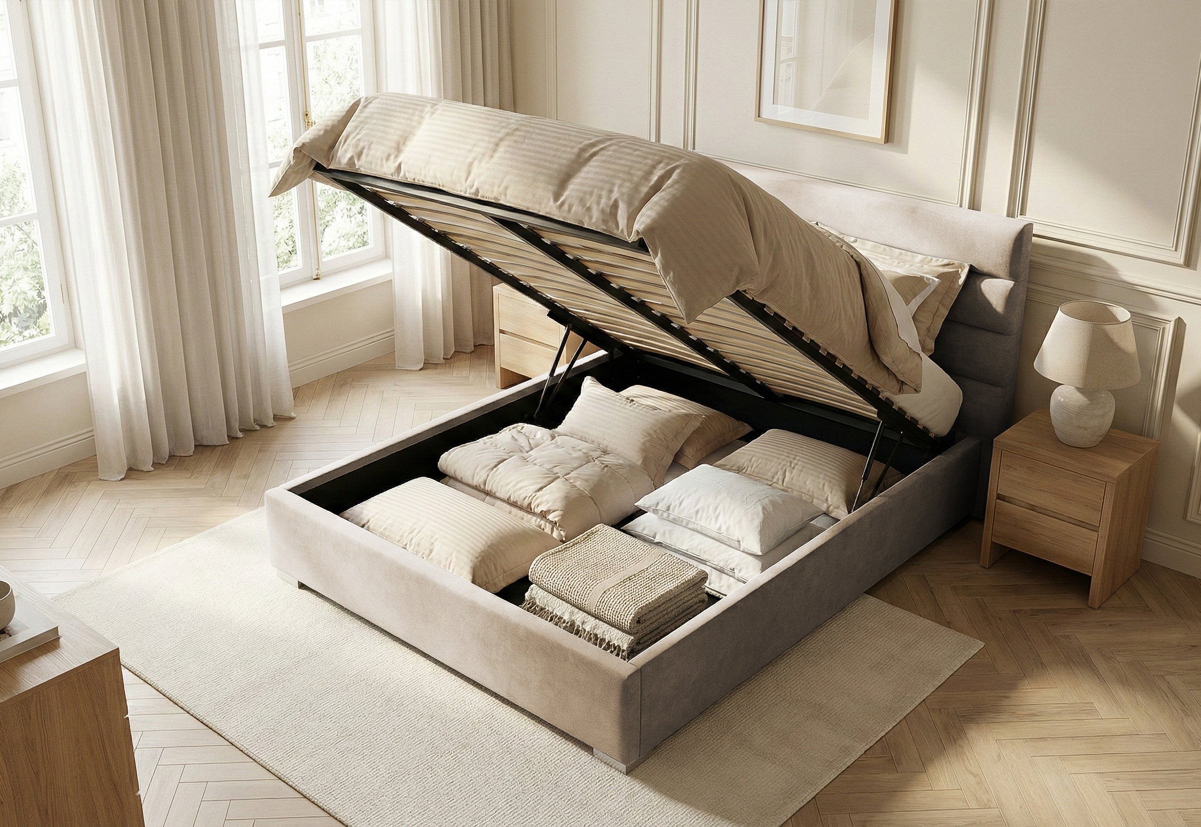 Pat Tapițat DIESIS , cu somieră rabatabilă și ladă de depozitare, #color_Crem-Mystery