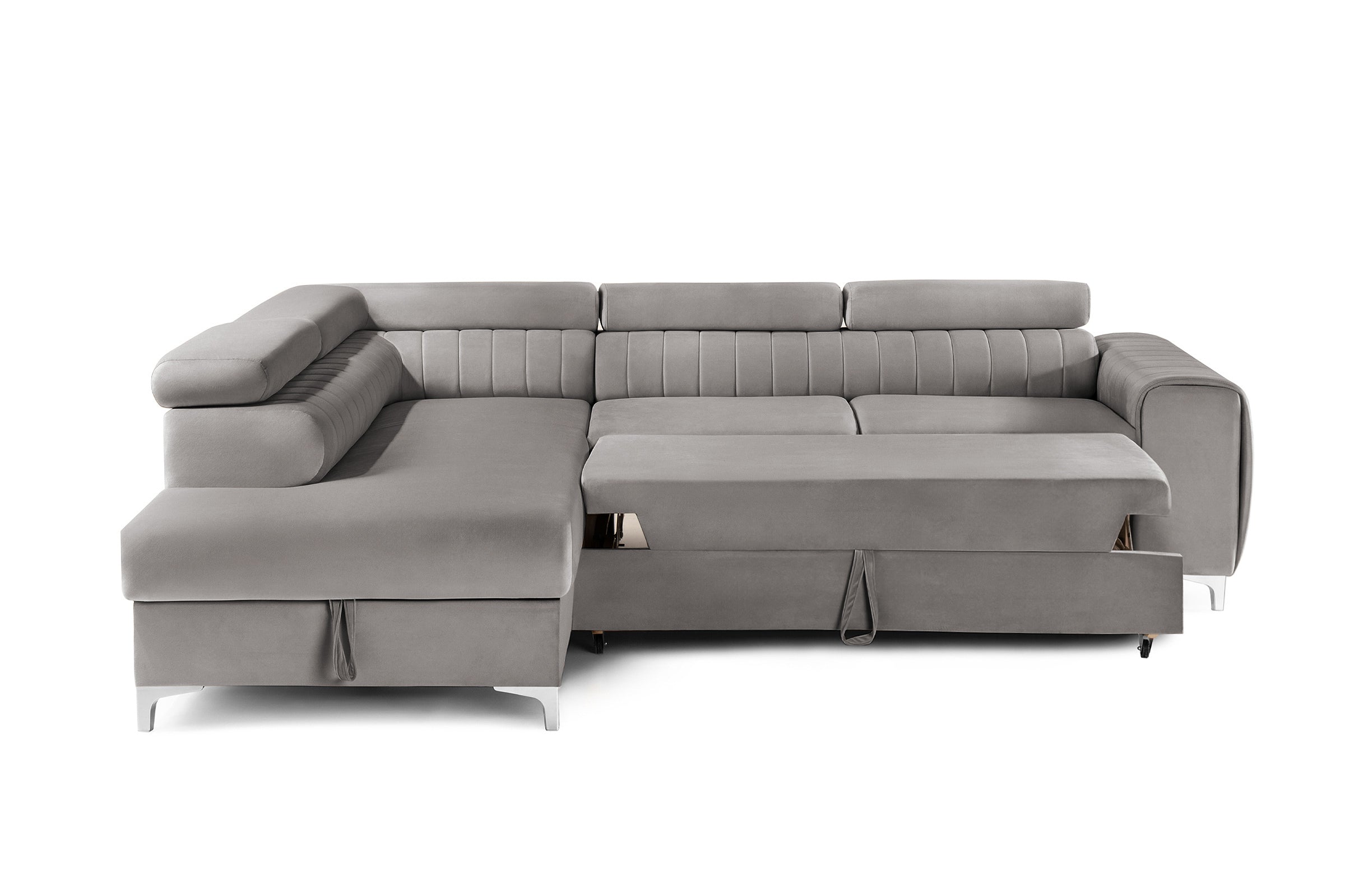 Colțar Extensibil TIME, cu lada depozitare, tetiere reglabile, 285x220x95 cm, #color_Gri-Silver-Velluto