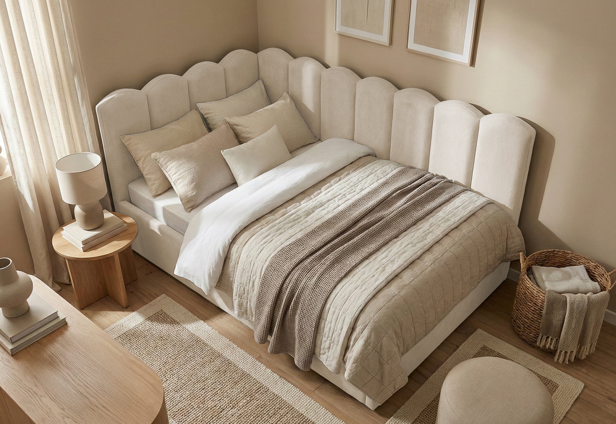 Pat Tapițat Princess de colț, cu somieră rabatabilă și ladă depozitare, #color_Crem-Mystery