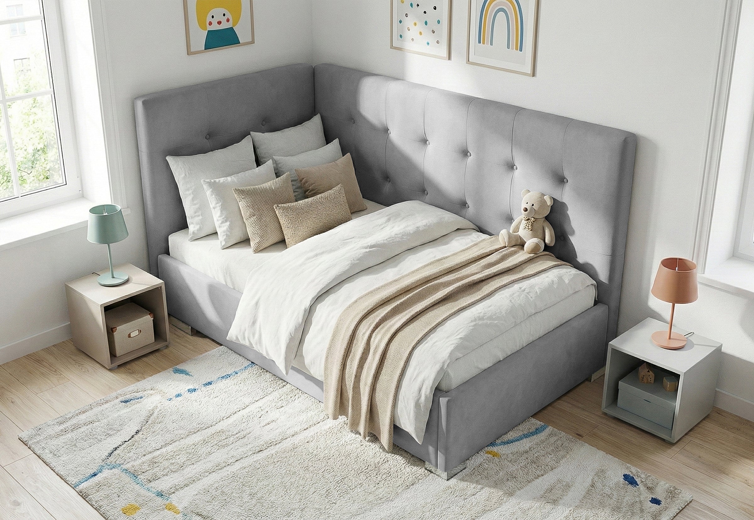 Pat Tapițat Lille de colț, cu somieră rabatabilă și ladă depozitare, #color_Swing-Gri