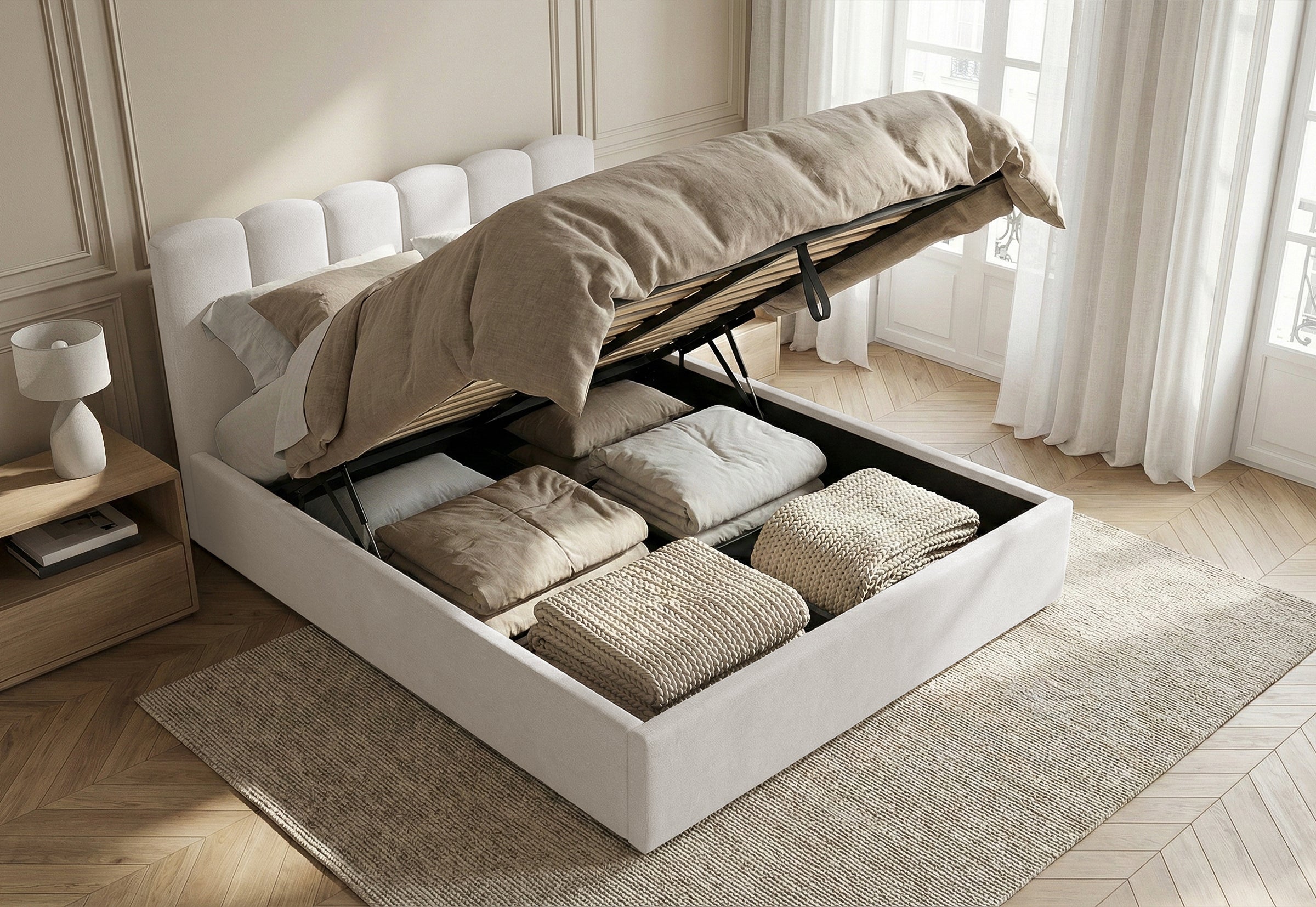 Pat Tapițat PRINCESS, cu somieră rabatabilă și ladă de depozitare, #color_Ivoar-Mystery