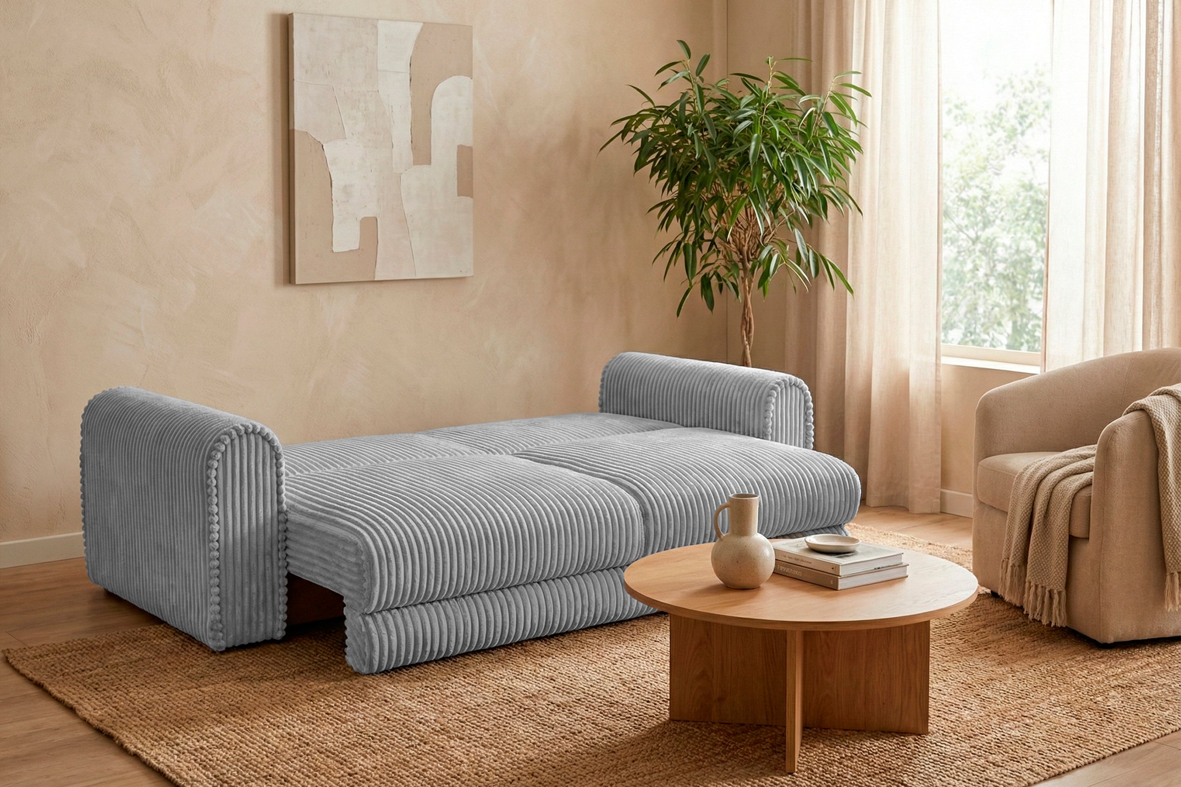 Canapea Extensibilă 3 locuri FELLINI, cu ladă depozitare, 243x108x90 cm, #color_Gri-Deschis-Tilia