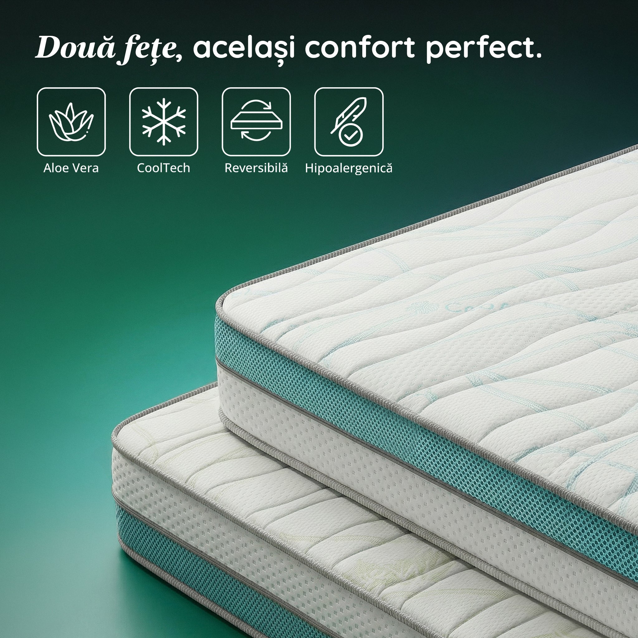 Saltea Ideal Sleep COOLTECH ALOE VERA DUAL, spumă poliuretanică durabilă, spumă High Resilience, husă CoolTech, superortopedică, Grosime 23 cm
