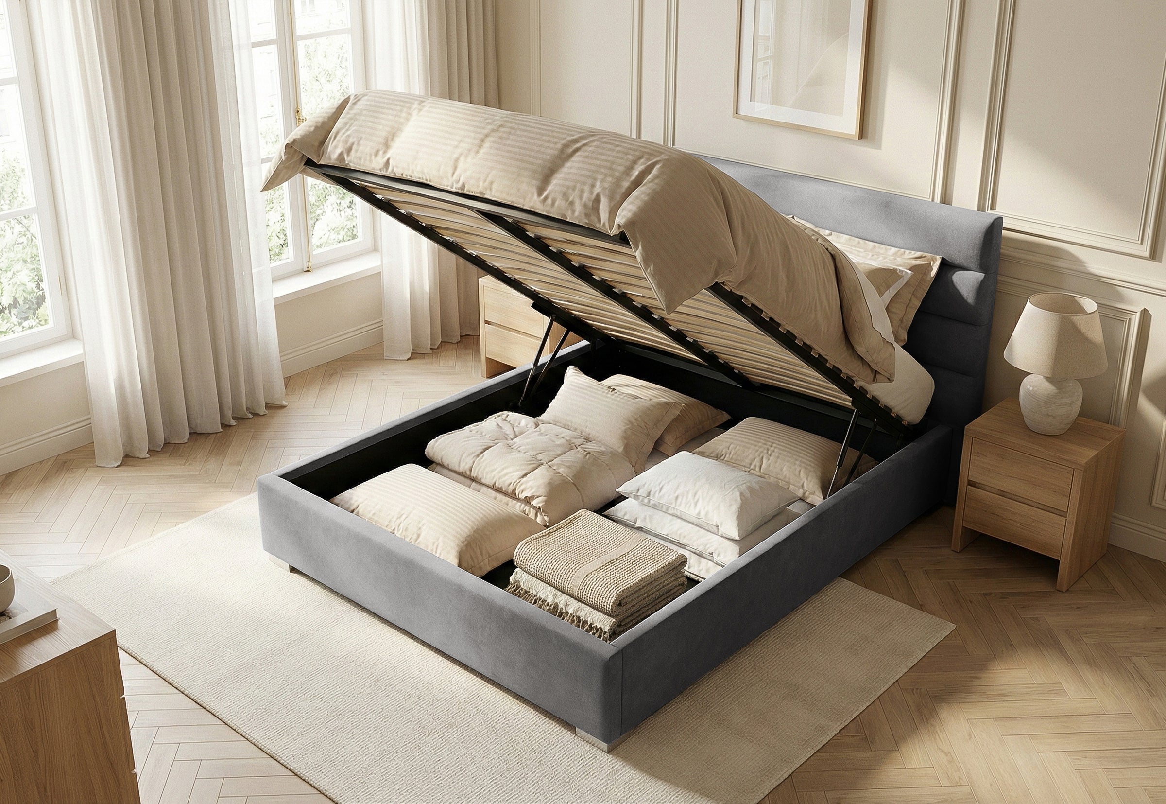 Pat Tapițat DIESIS , cu somieră rabatabilă și ladă de depozitare, #color_Gri-Cenusiu-Mystery