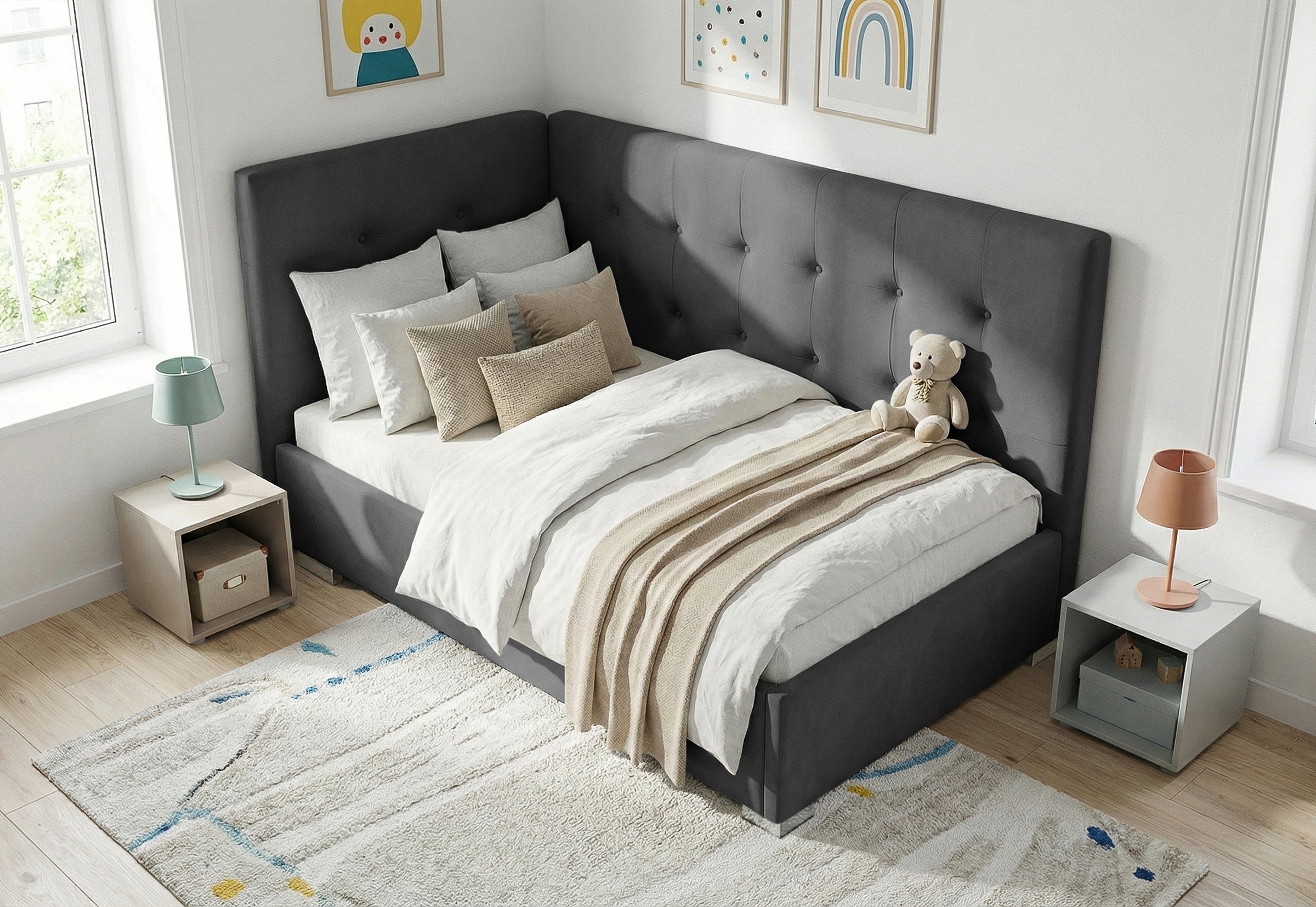 Pat Tapițat Lille de colț, cu somieră rabatabilă și ladă depozitare, #color_Swing-Antracit