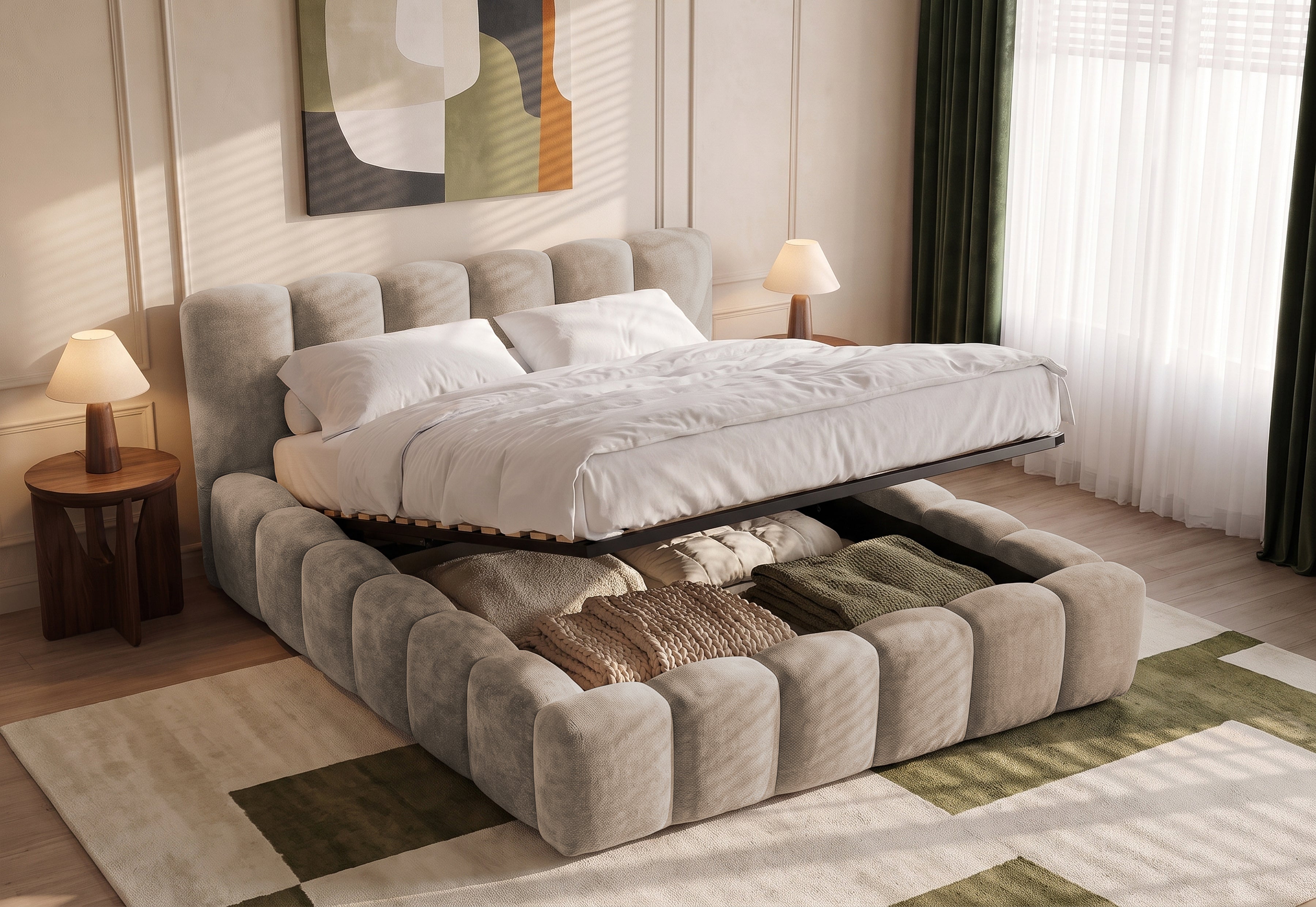 Pat Tapițat Bloom, cu somieră rabatabilă și ladă de depozitare, #color_Bej-Taupe-Eden