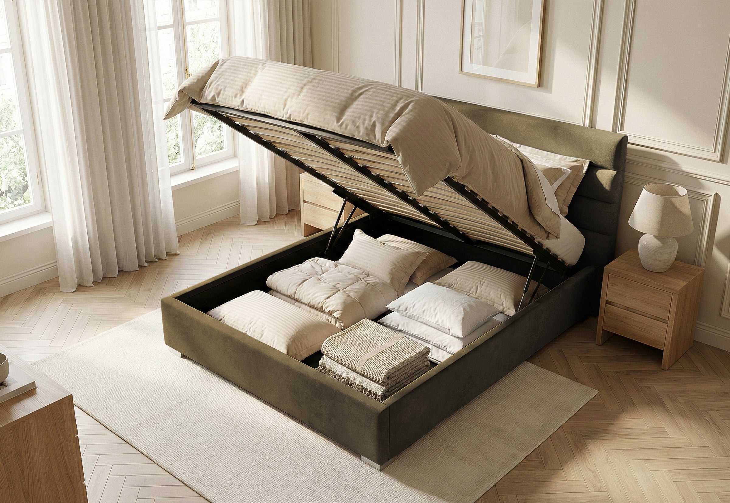 Pat Tapițat DIESIS , cu somieră rabatabilă și ladă de depozitare, #color_Verde-Olive-Mystery