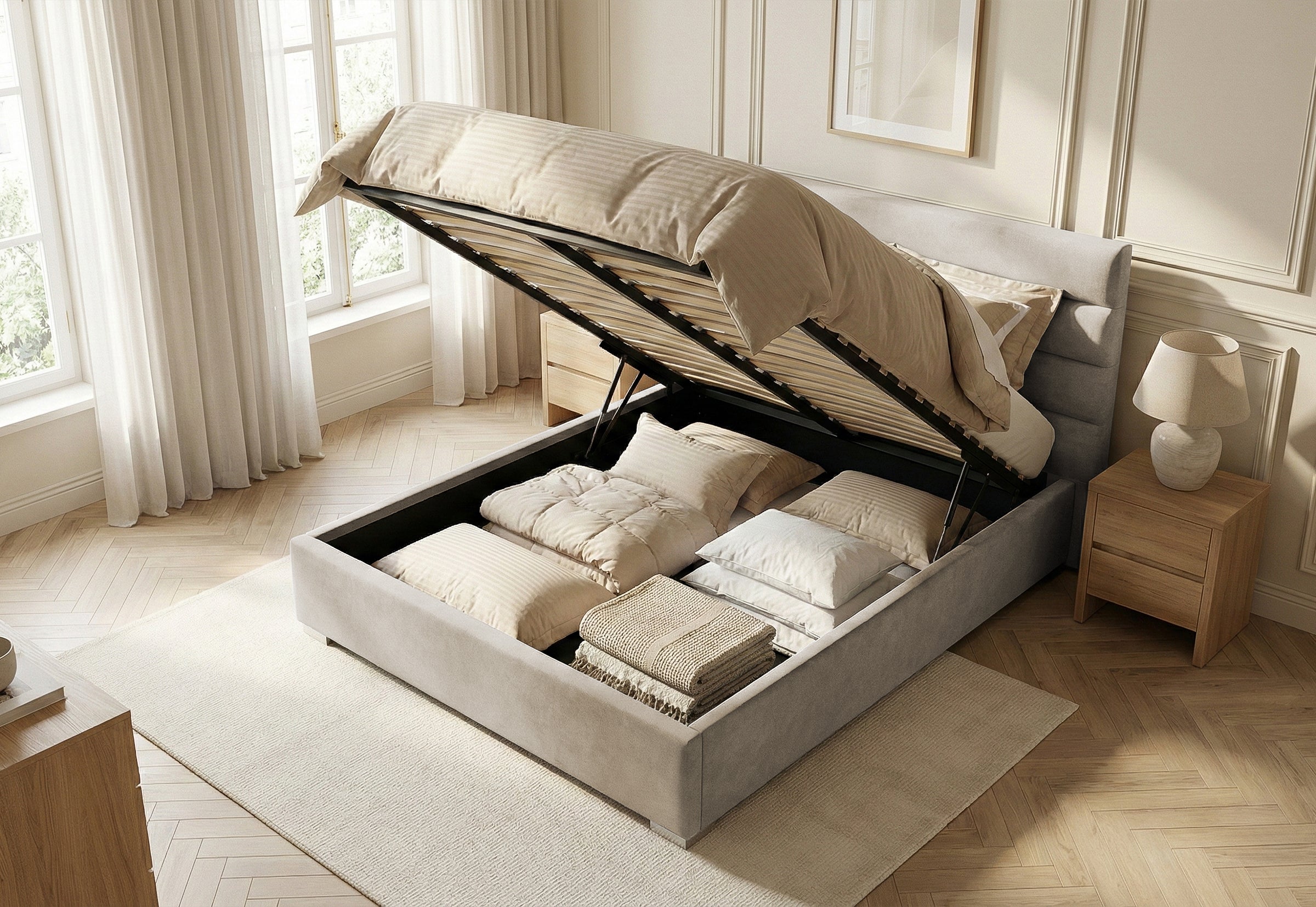 Pat Tapițat DIESIS , cu somieră rabatabilă și ladă de depozitare, #color_Bej-Mystery