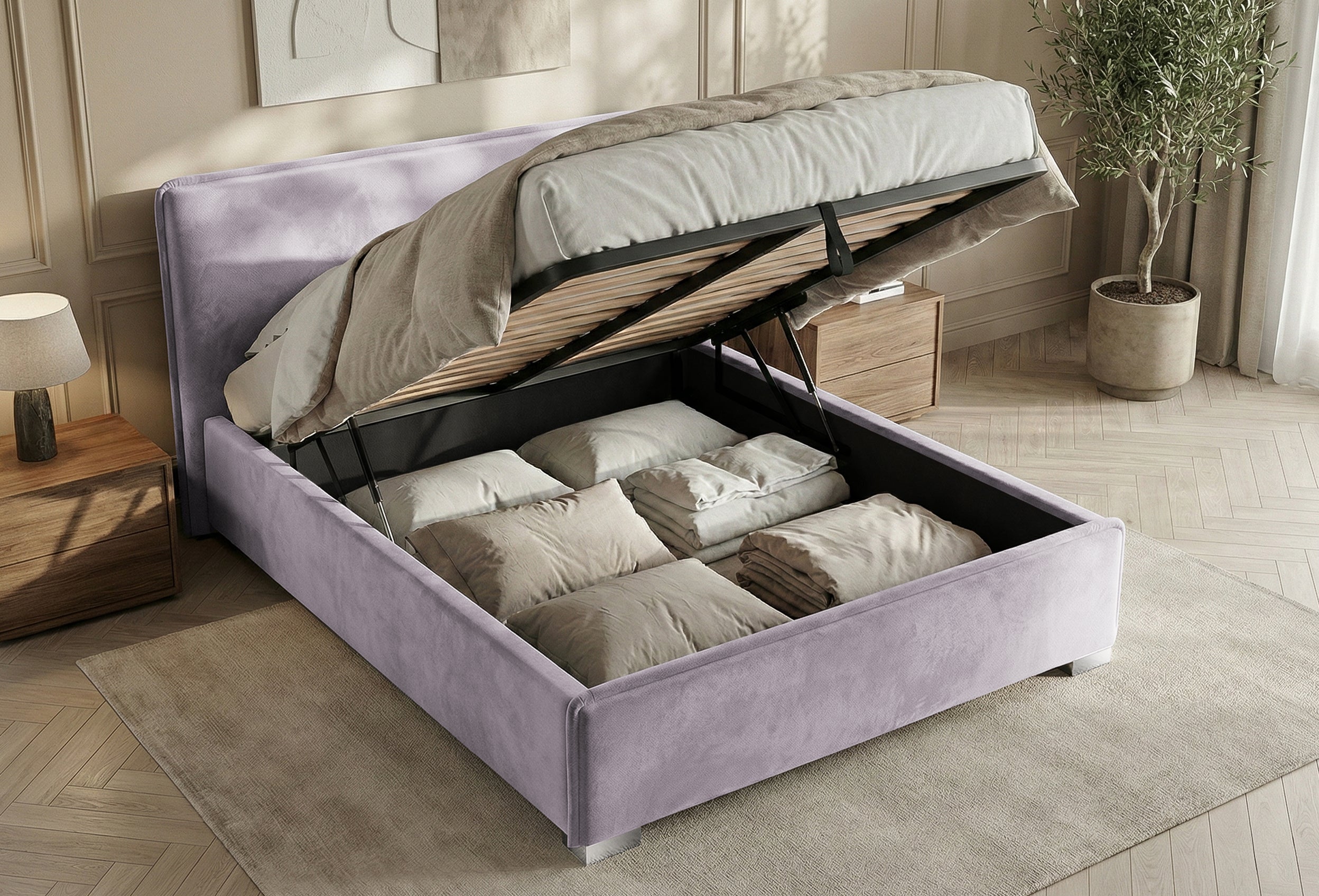 Pat Tapițat Nice, cu somieră rabatabilă și ladă de depozitare, Prestigehome.ro, Prestige, #Color_swing-violet