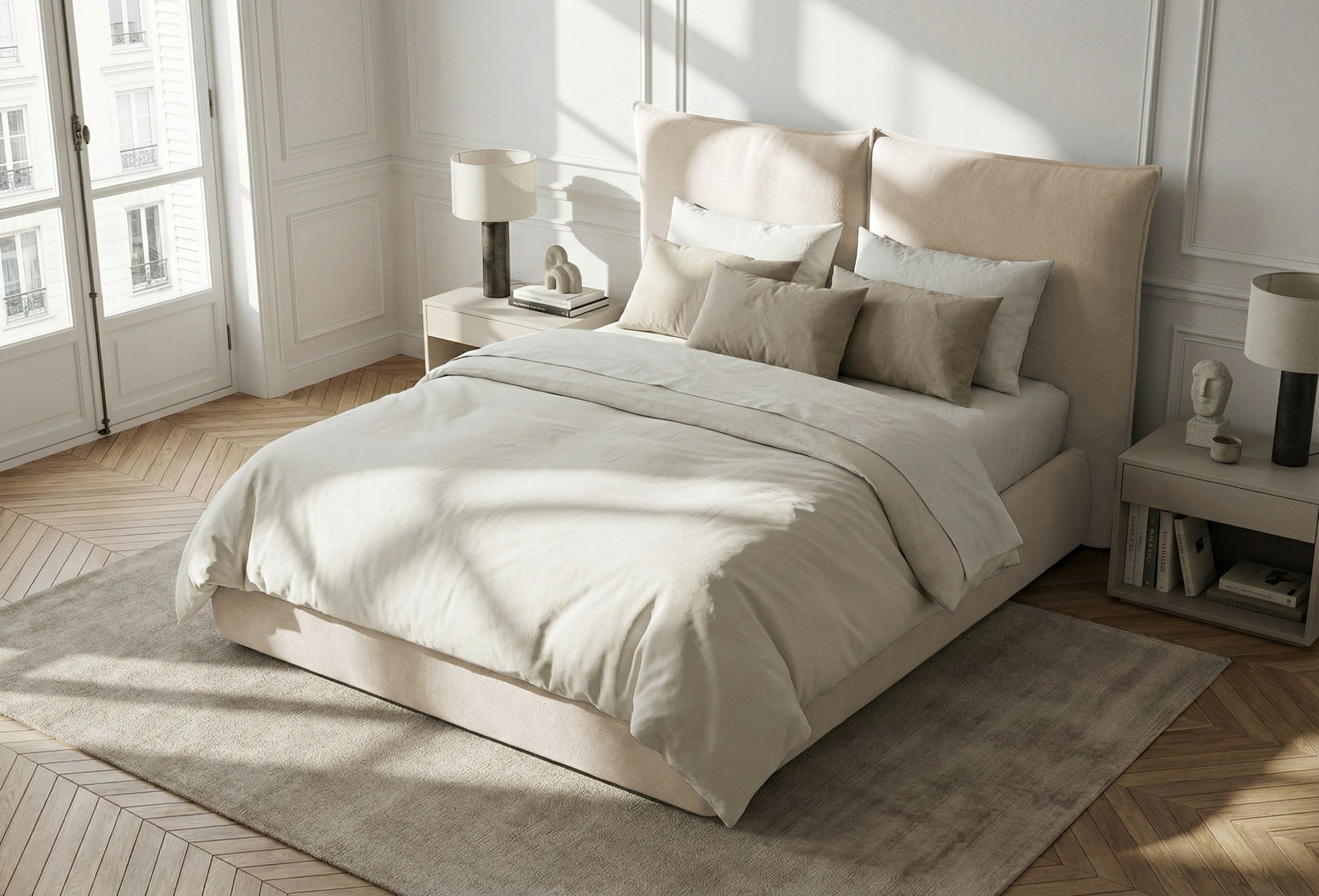 Pat Tapițat Rossi, cu somieră fixă și tăblie înaltă, bej, #color_Bej-Loft