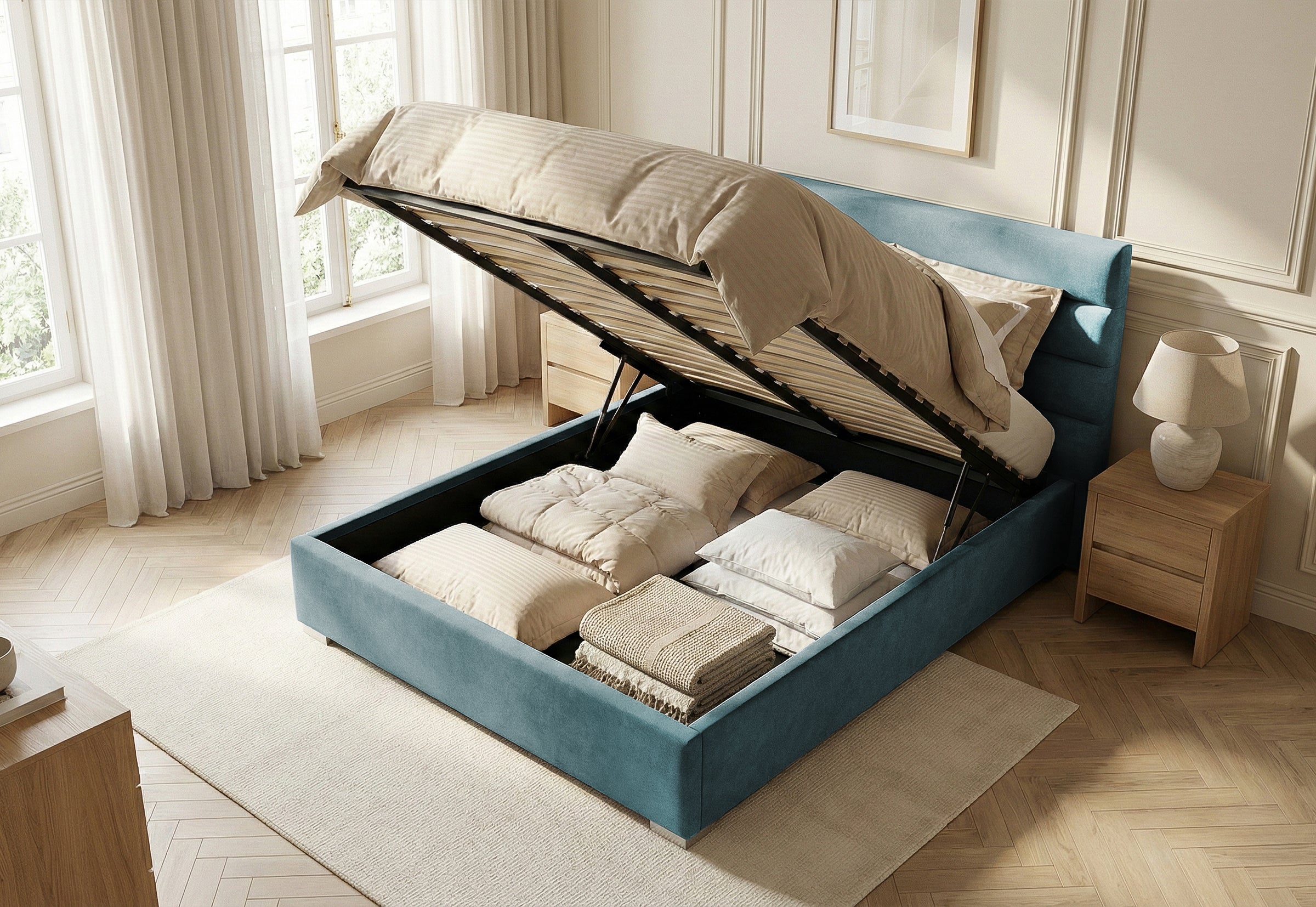 Pat Tapițat DIESIS , cu somieră rabatabilă și ladă de depozitare, #color_Albastru-Deschis-Mystery