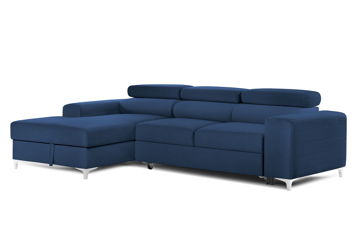 Colțar Extensibil LOFT, cu lada depozitare, tetiere reglabile, 295x170x95 cm, #color_Albastru-Velluto