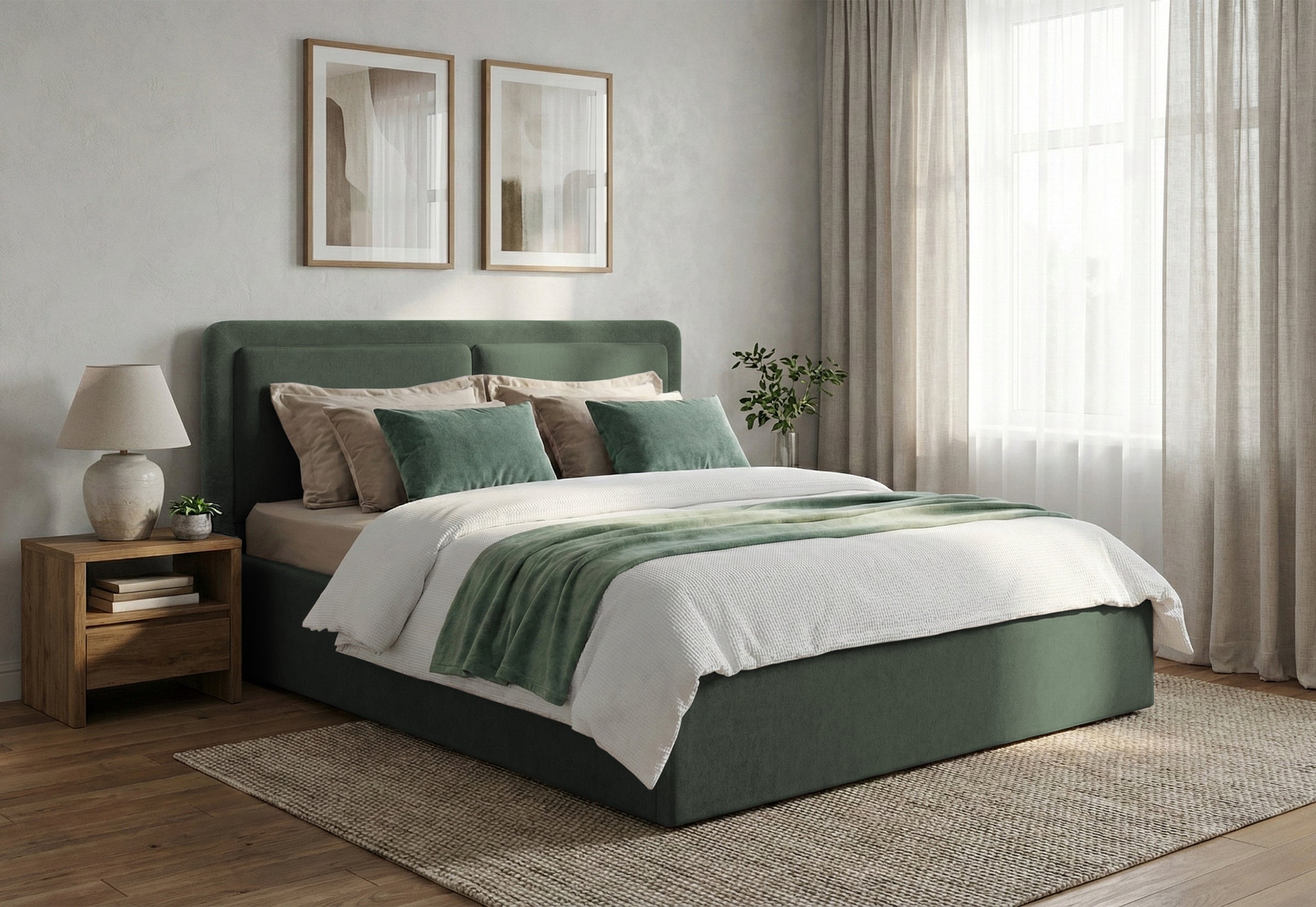 Pat Tapițat PIEMONTE, cu somieră rabatabilă și ladă de depozitare, #color_loft-verde-inchis