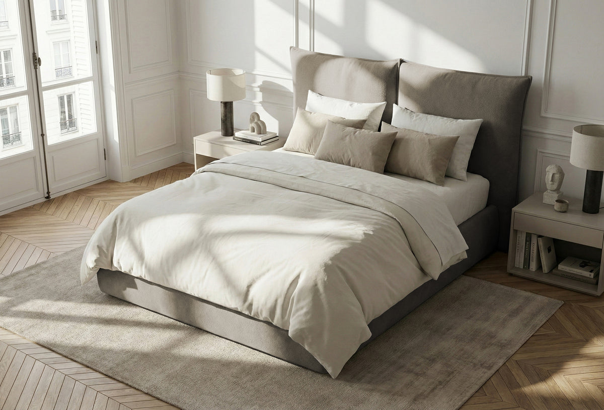 Pat Tapițat Rossi, cu somieră fixă și tăblie înaltă, gri inchis, #color_Gri-Piatra-Loft
