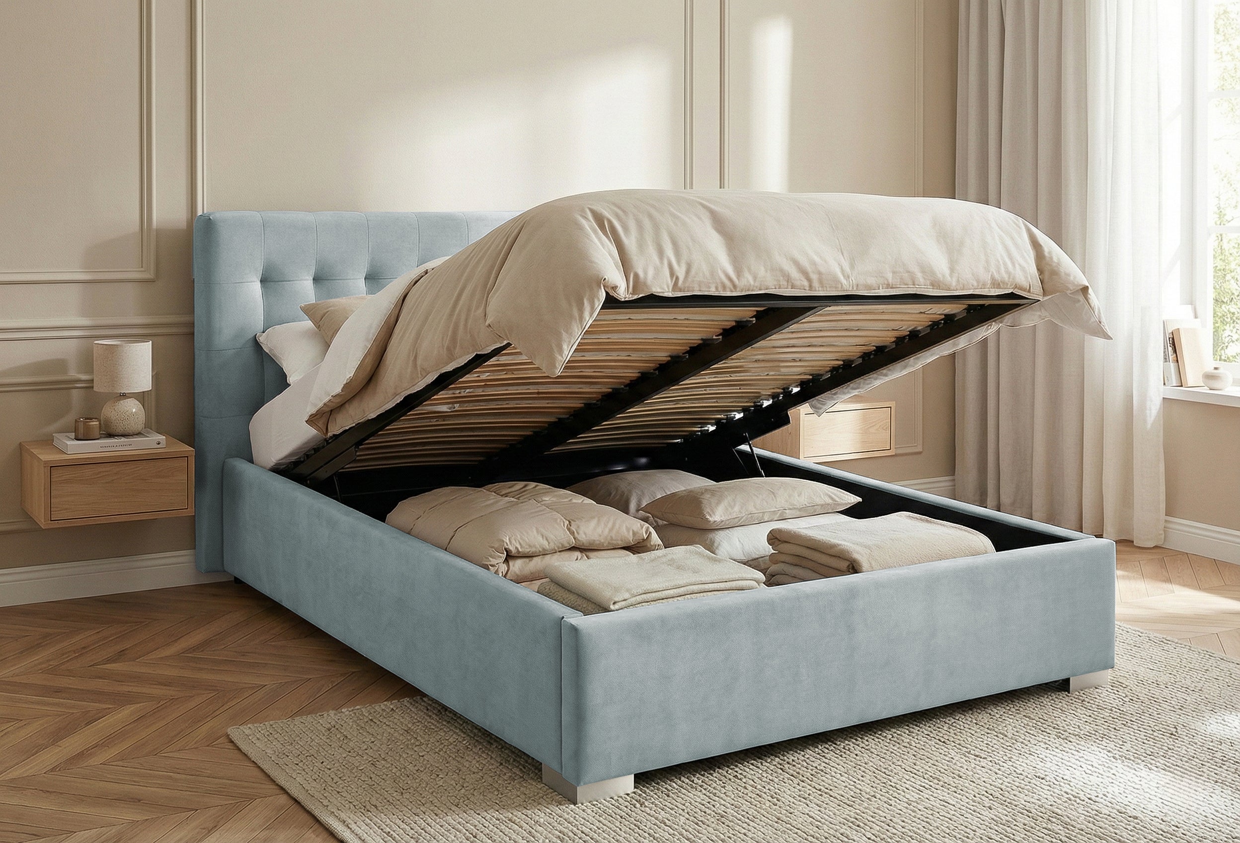 Pat Tapitat Strasbourg, cu Lada Rabatabil, Velur-Menta, Prestigehome.ro, Prestige, #Color_swing-menta