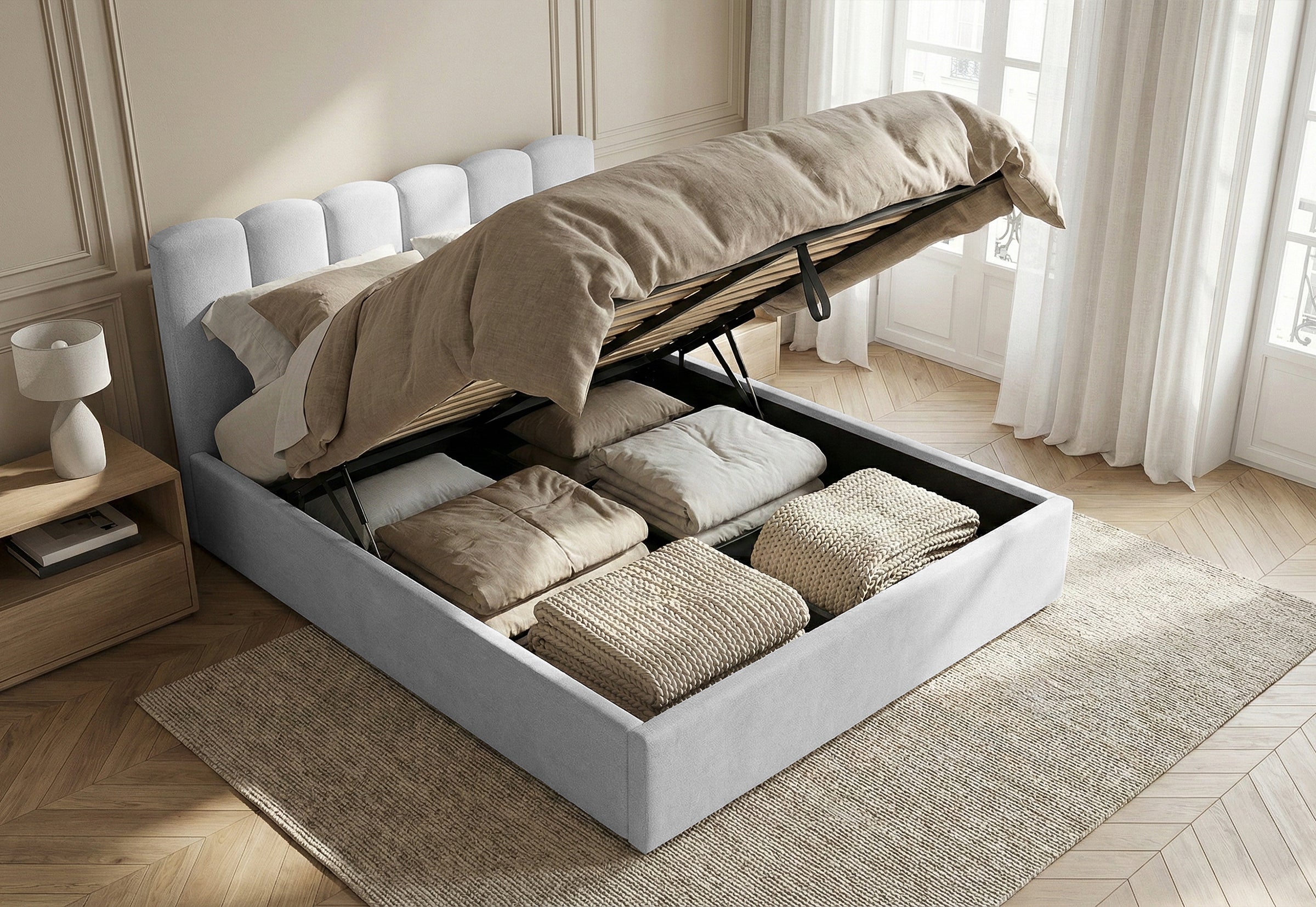 Pat Tapițat PRINCESS, cu somieră rabatabilă și ladă de depozitare, #color_Gri-Cenusiu-Mystery