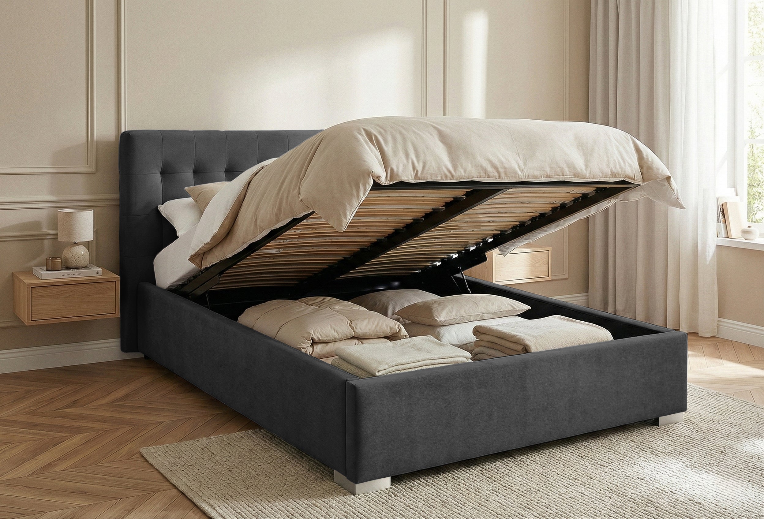 Pat Tapitat Strasbourg, cu Lada Rabatabil, Velur-Menta, Prestigehome.ro, Prestige, #Color_swing-antracit