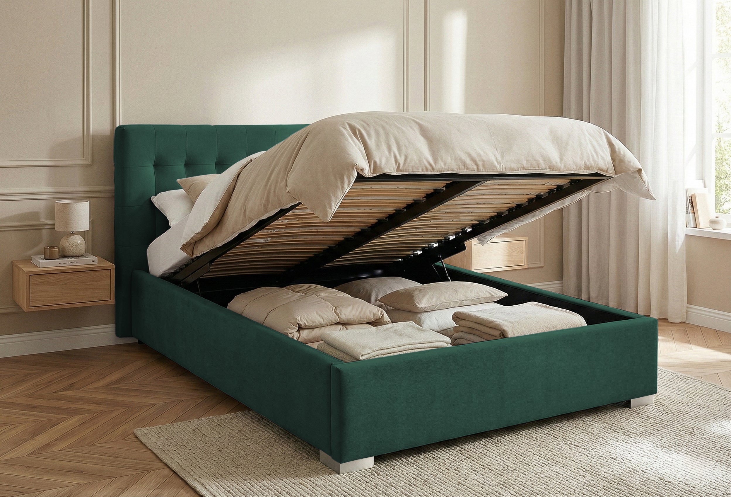 Pat Tapitat Strasbourg, cu Lada Rabatabil, Velur-Menta, Prestigehome.ro, Prestige, #Color_swing-verde