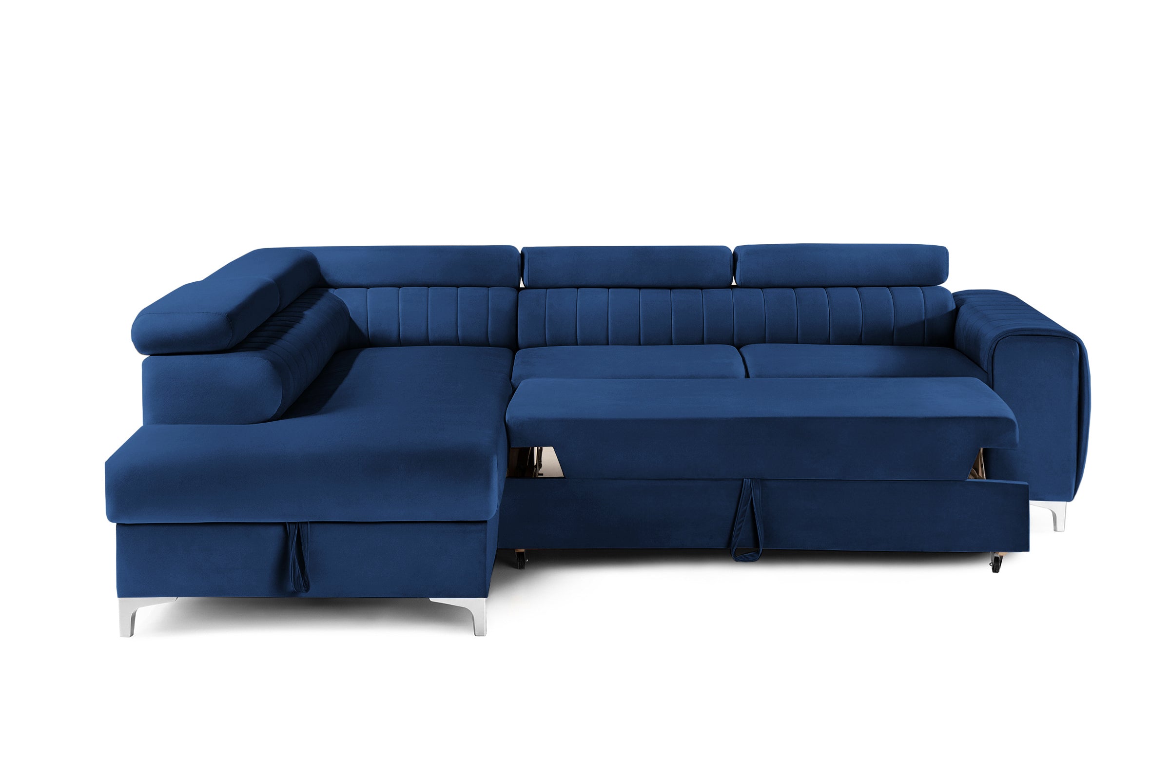 Colțar Extensibil TIME, cu lada depozitare, tetiere reglabile, 285x220x95 cm, #color_Albastru-Velluto
