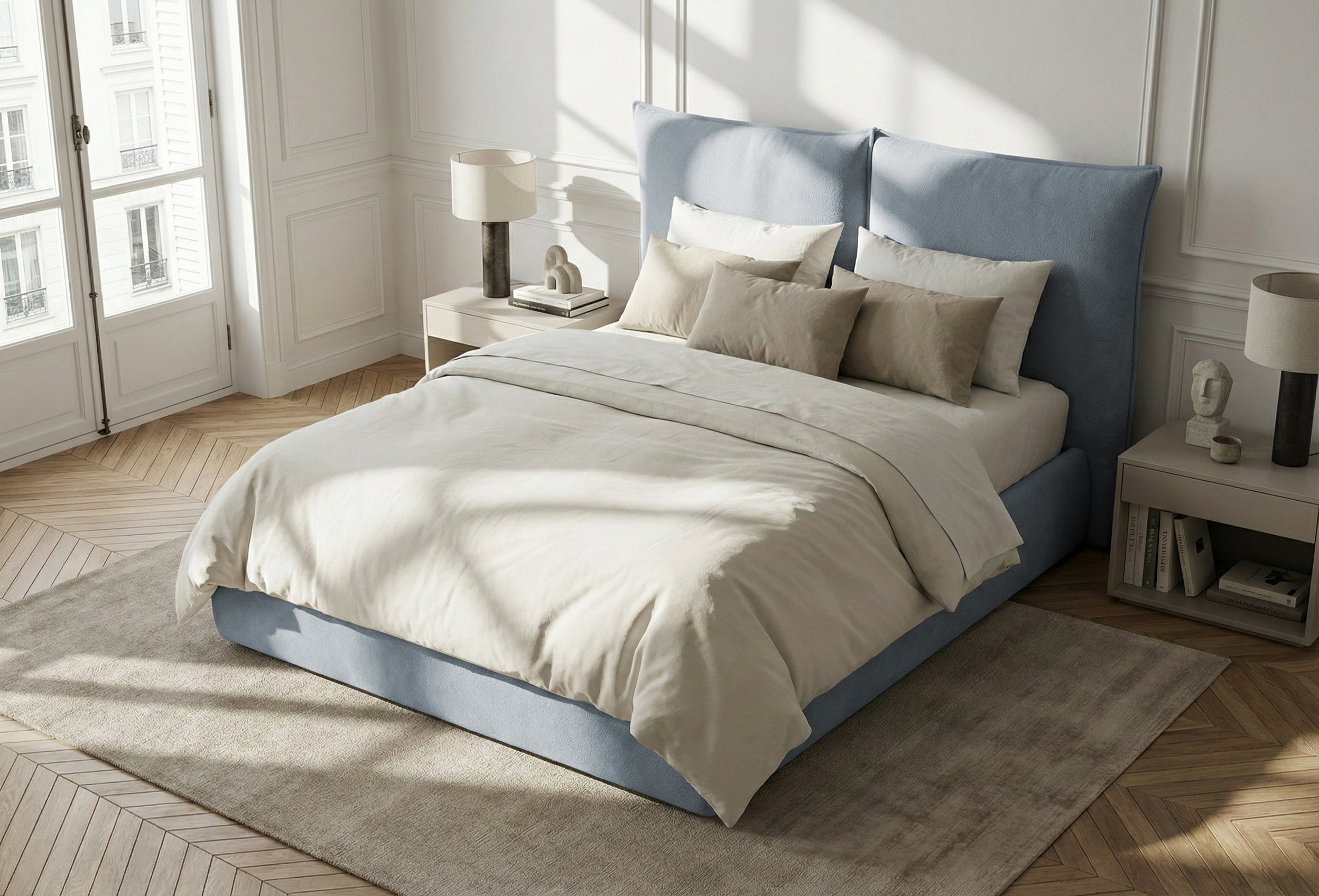 Pat Tapițat Rossi, cu somieră fixă și tăblie înaltă, albastru, #color_Albastru-Loft