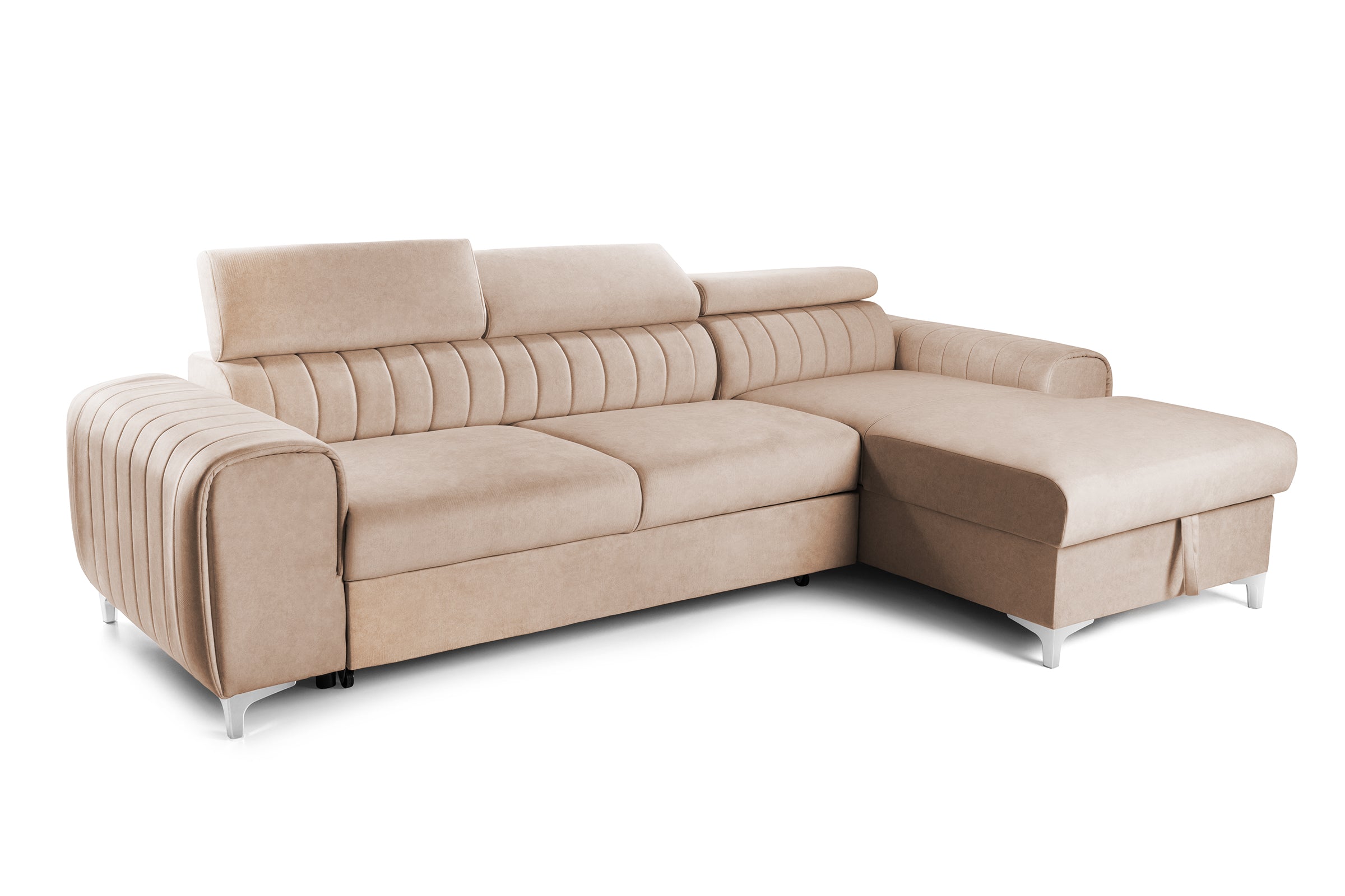 Colțar Extensibil LOFT, cu lada depozitare, tetiere reglabile, 295x170x95 cm, #color_Bej-Velluto