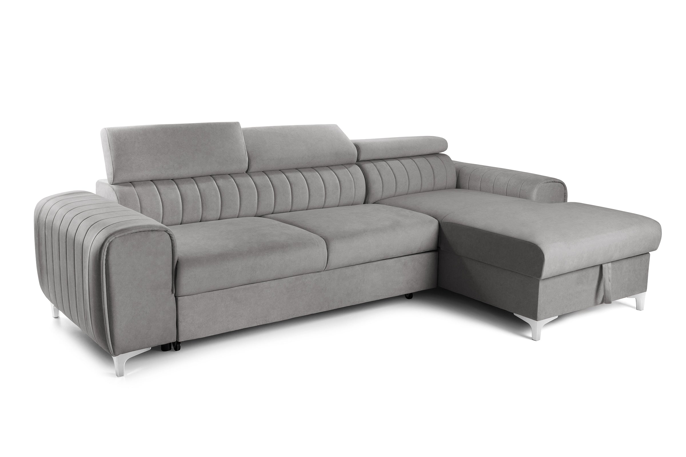 Colțar Extensibil LOFT, cu lada depozitare, tetiere reglabile, 295x170x95 cm, #color_Gri-Silver-Velluto