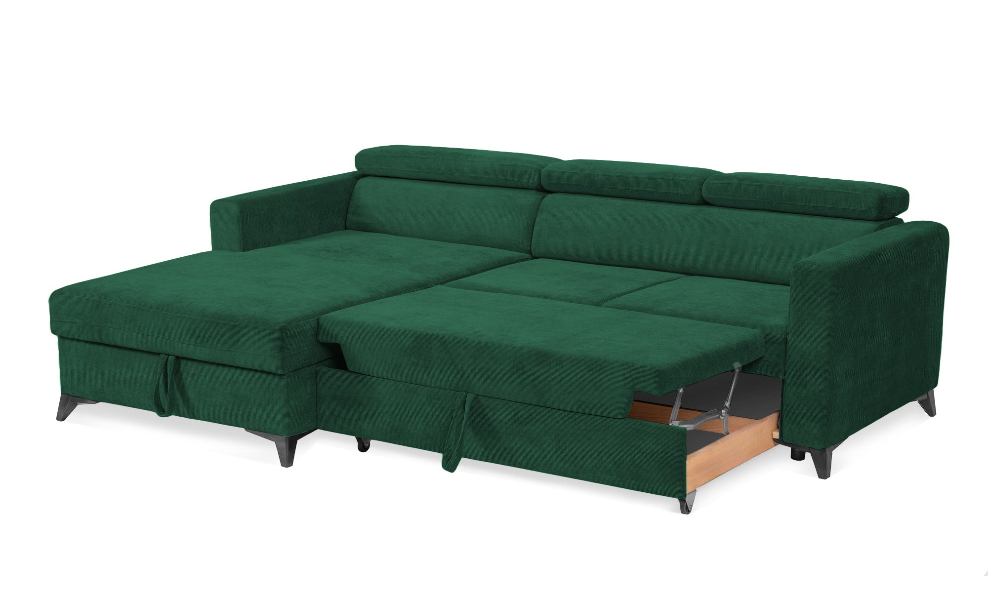 Colțar Extensibil MIZZONI, cu lada depozitare, variante stânga/dreapta, tetiere reglabile, 250 x 175 x 94 cm #color_Verde-Run-Again