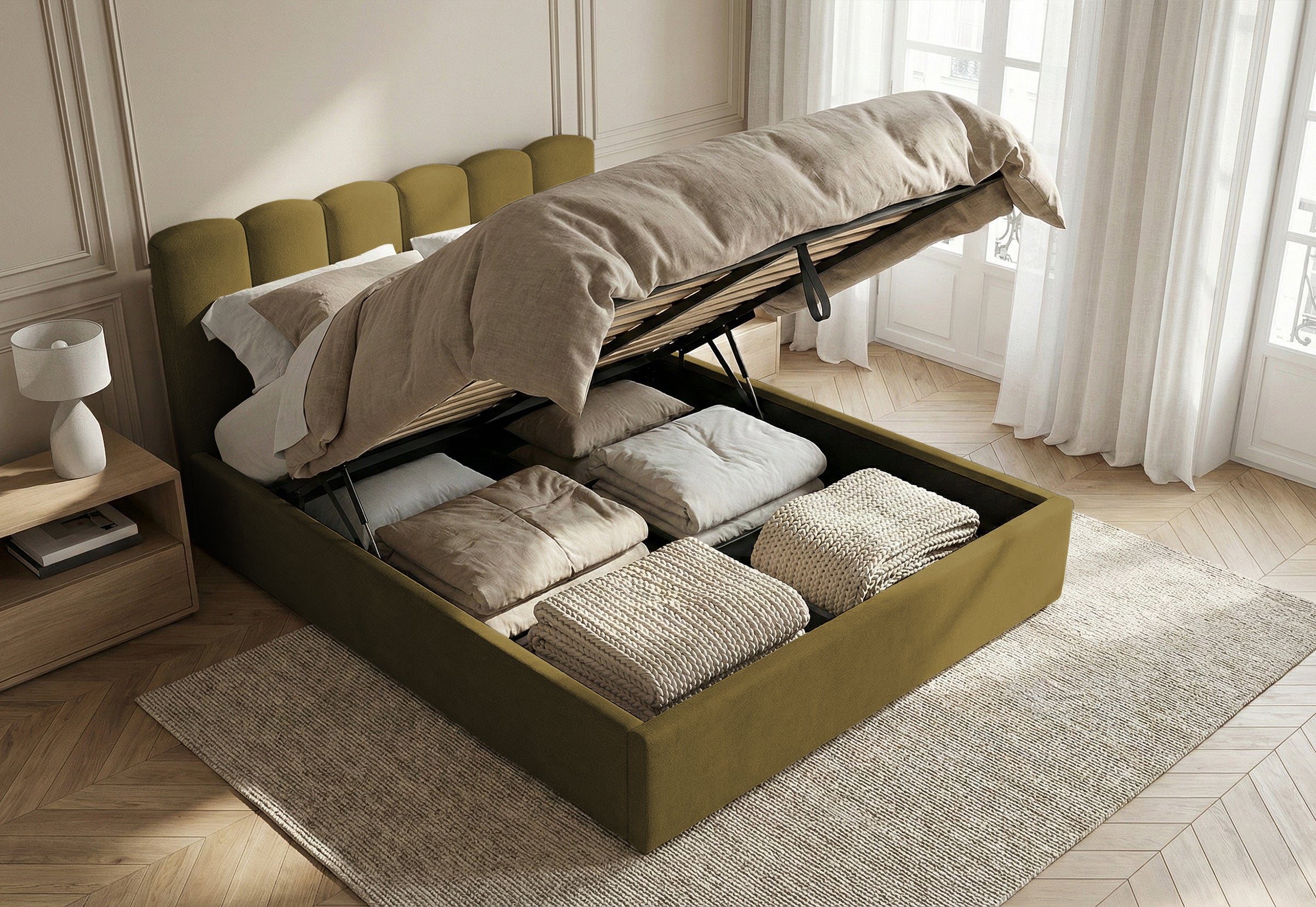 Pat Tapițat PRINCESS, cu somieră rabatabilă și ladă de depozitare, #color_Verde-Olive-Mystery