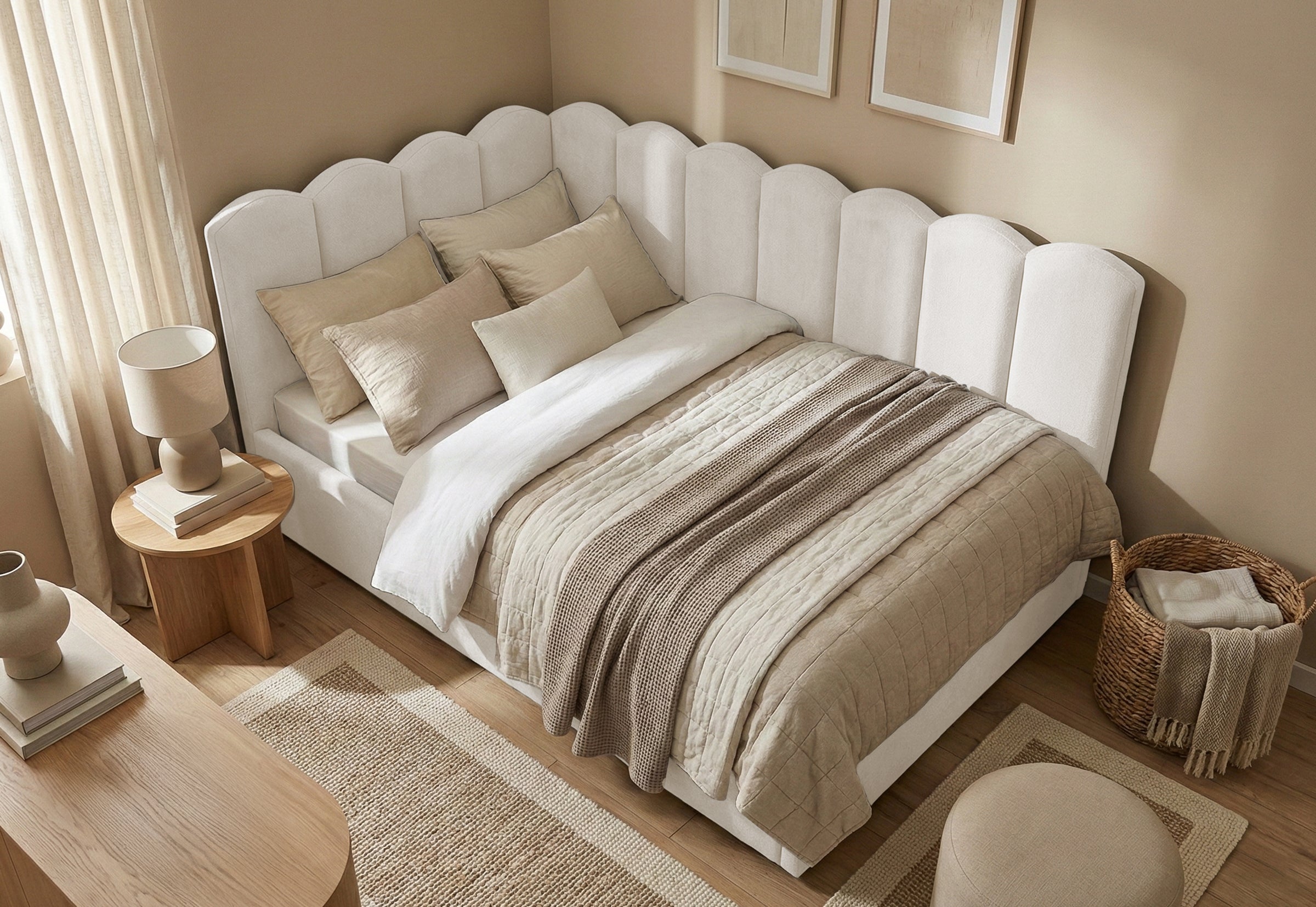 Pat Tapițat Princess de colț, cu somieră rabatabilă și ladă depozitare, #color_Ivoar-Mystery