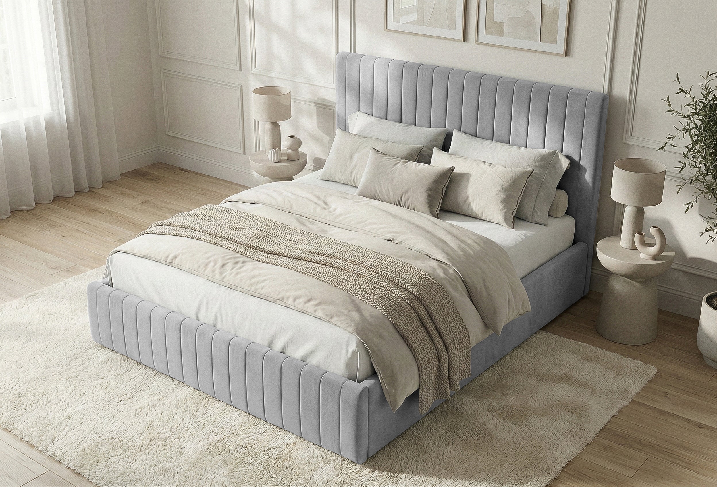 Pat Tapițat Sara, cu somieră rabatabilă și ladă depozitare #color_Gri-Deschis-Velluto