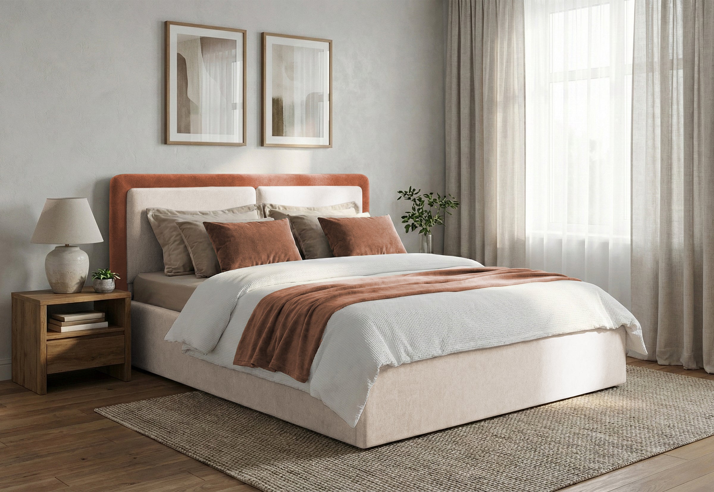 Pat Tapițat PIEMONTE, cu somieră rabatabilă și ladă de depozitare, #color_loft-rust-crem