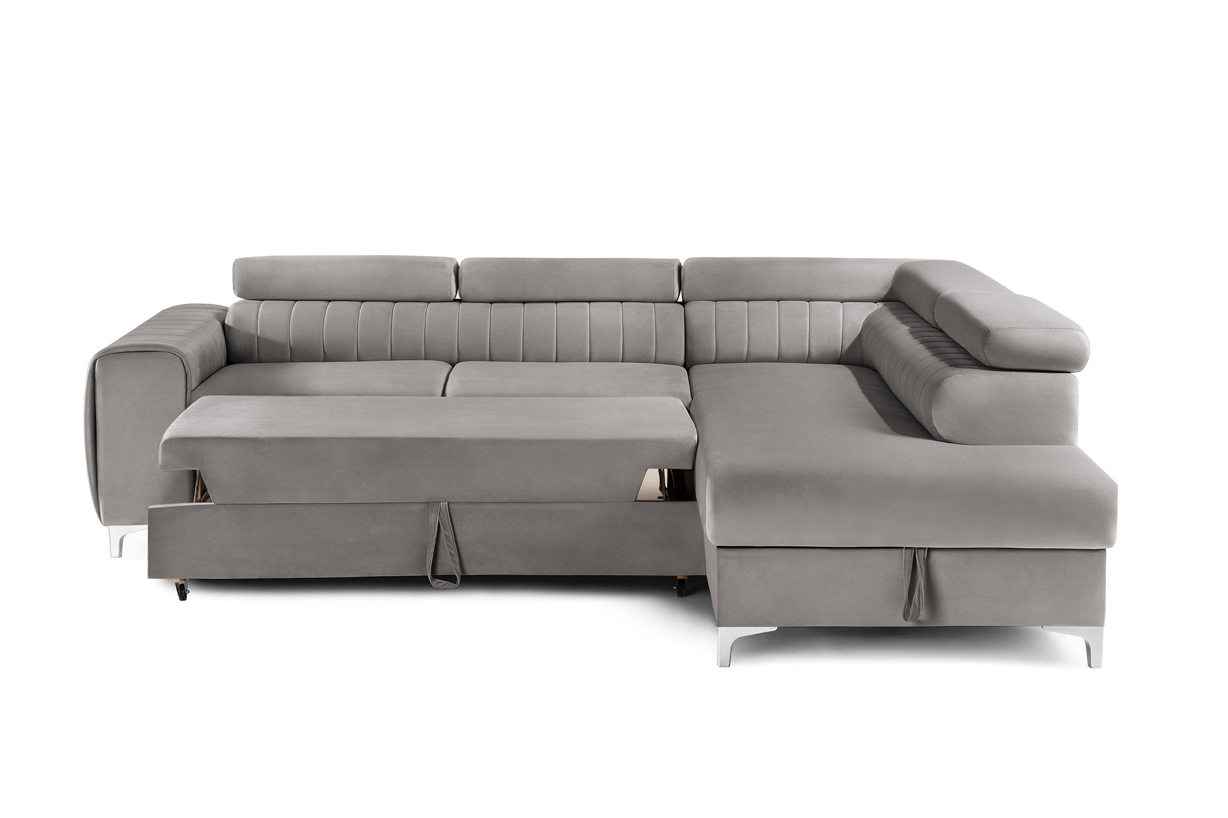 Colțar Extensibil TIME, cu lada depozitare, tetiere reglabile, 285x220x95 cm, #color_Gri-Silver-Velluto