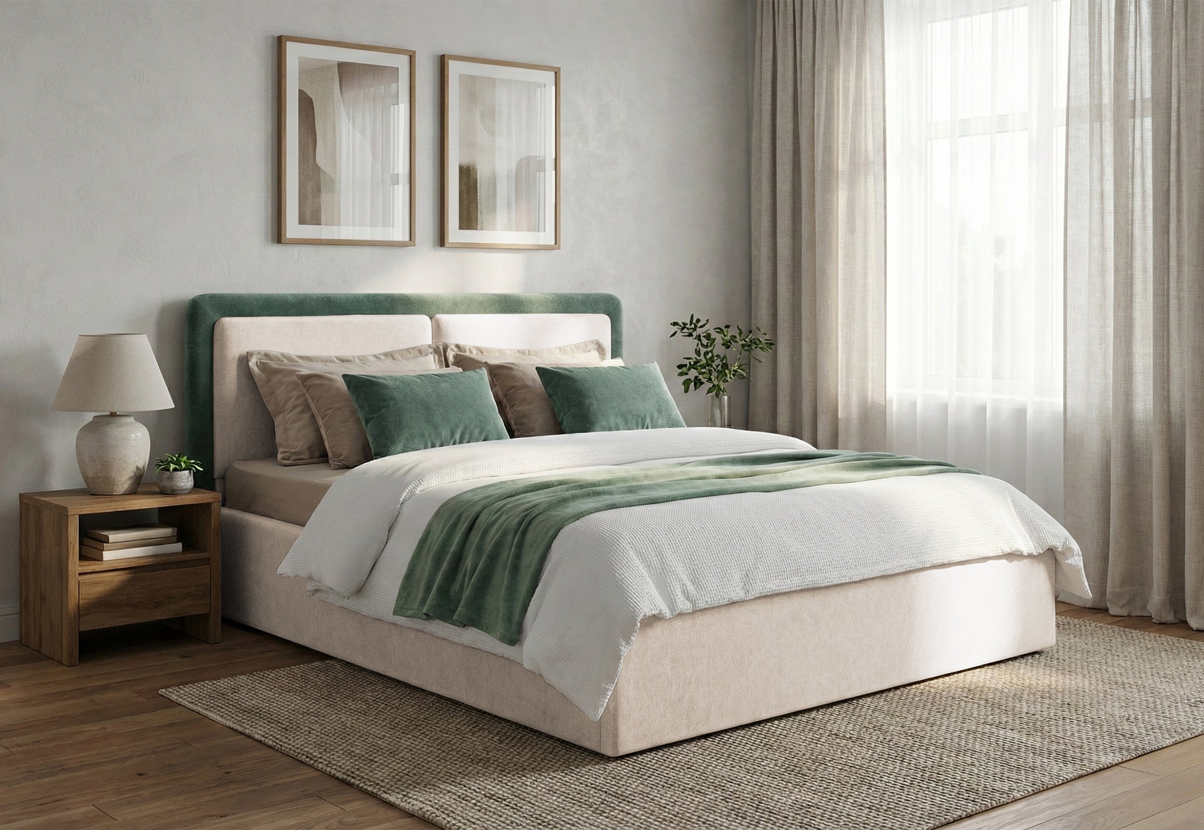 Pat Tapițat PIEMONTE, cu somieră rabatabilă și ladă de depozitare, #color_loft-verde-inchis-crem