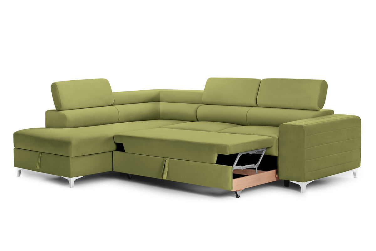 Colțar Extensibil TIME, cu lada depozitare, tetiere reglabile, 285x220x95 cm, #color_Verde-Olive-Velluto