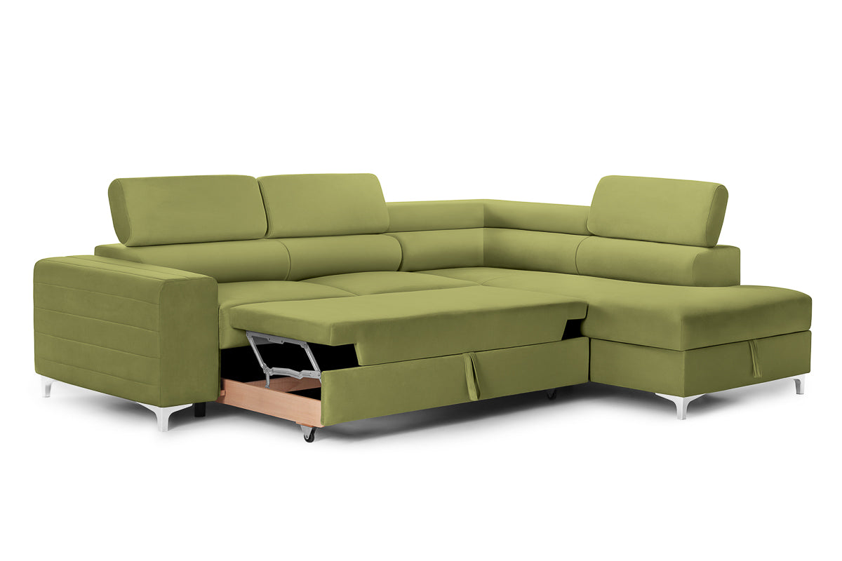 Colțar Extensibil TIME, cu lada depozitare, tetiere reglabile, 285x220x95 cm, #color_Verde-Olive-Velluto
