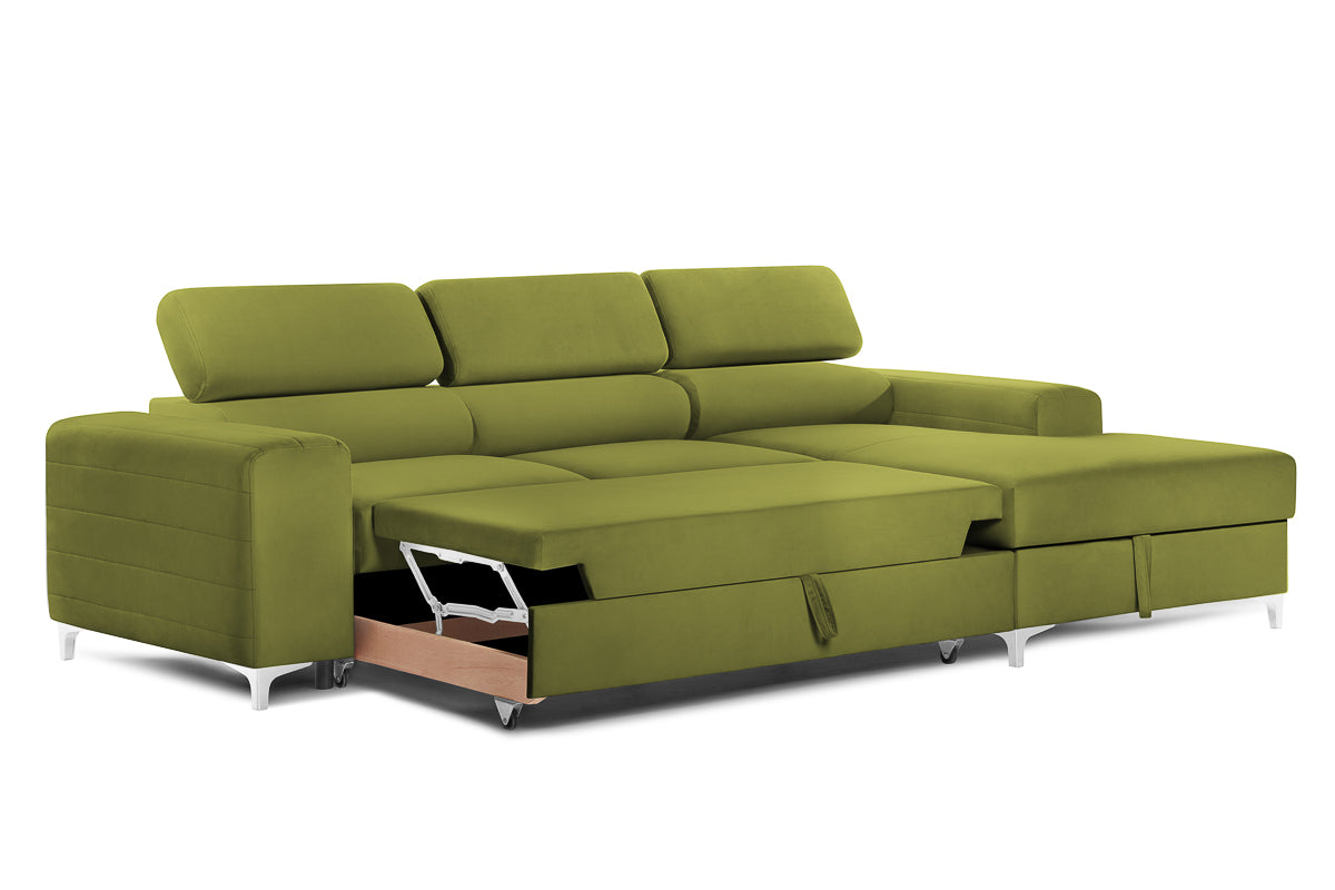 Colțar Extensibil LOFT, cu lada depozitare, tetiere reglabile, 295x170x95 cm, #color_Verde-Olive-Velluto