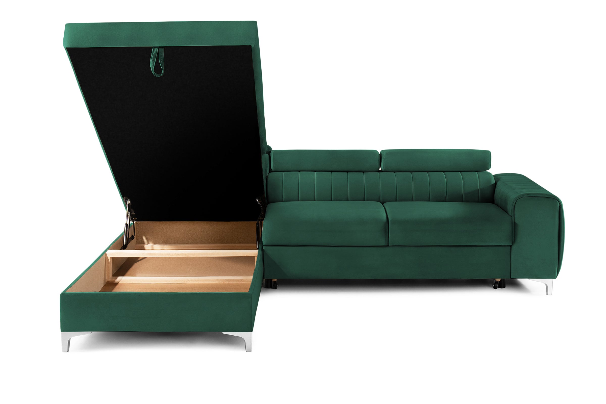 Colțar Extensibil TIME, cu lada depozitare, tetiere reglabile, 285x220x95 cm, #color_Verde-Padure-Velluto