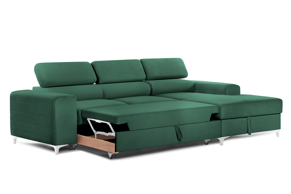 Colțar Extensibil LOFT, cu lada depozitare, tetiere reglabile, 295x170x95 cm, #color_Verde-Padure-Velluto