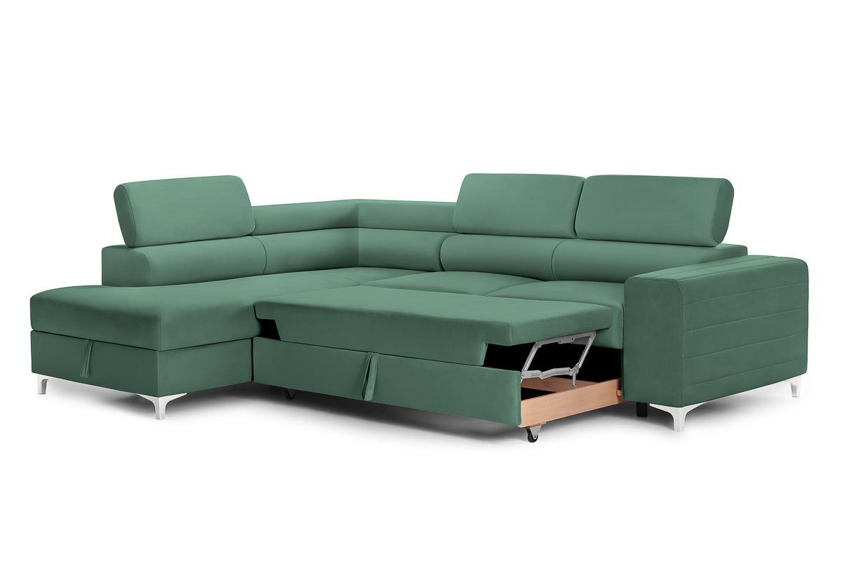 Colțar Extensibil TIME, cu lada depozitare, tetiere reglabile, 285x220x95 cm, #color_Verde-Padure-Velluto